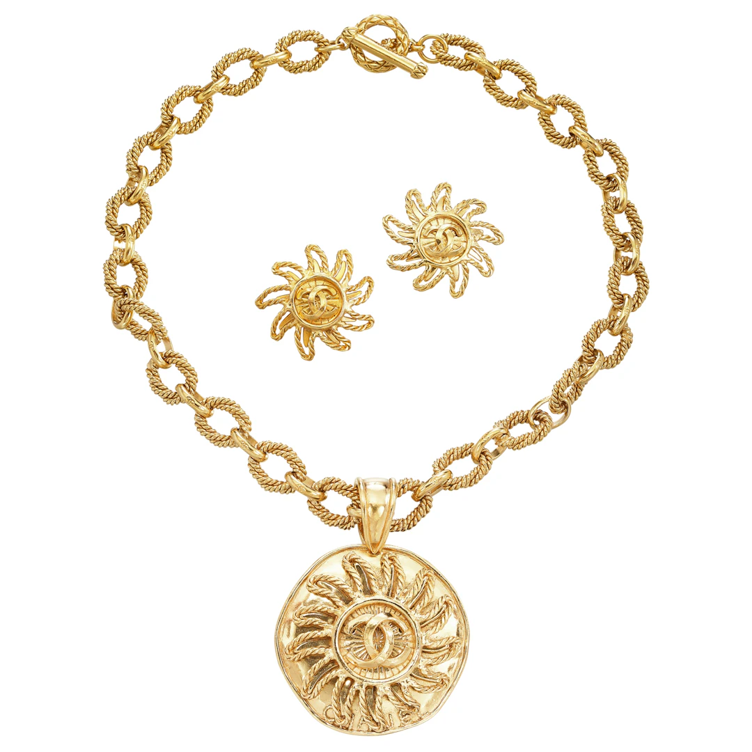 Gold Metal Medallion Sun Pendant Necklace and Clip-On Earrings