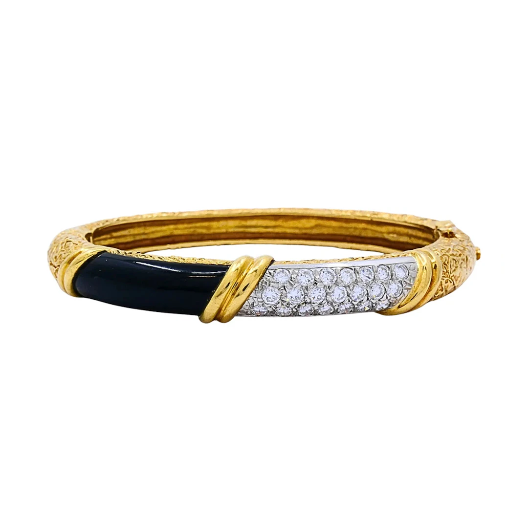 Vintage Gold, Platinum, Onyx and Diamond Bangle Bracelet