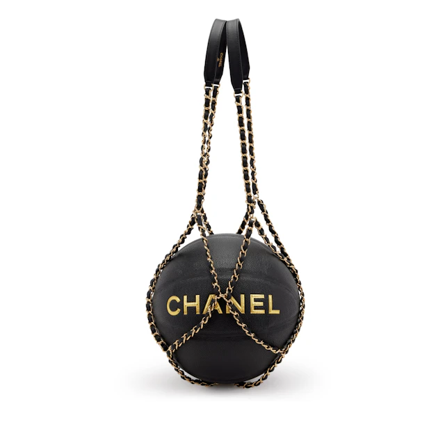 Gold and Black Rubber Basketball and Black Calfskin Chain Net Gold