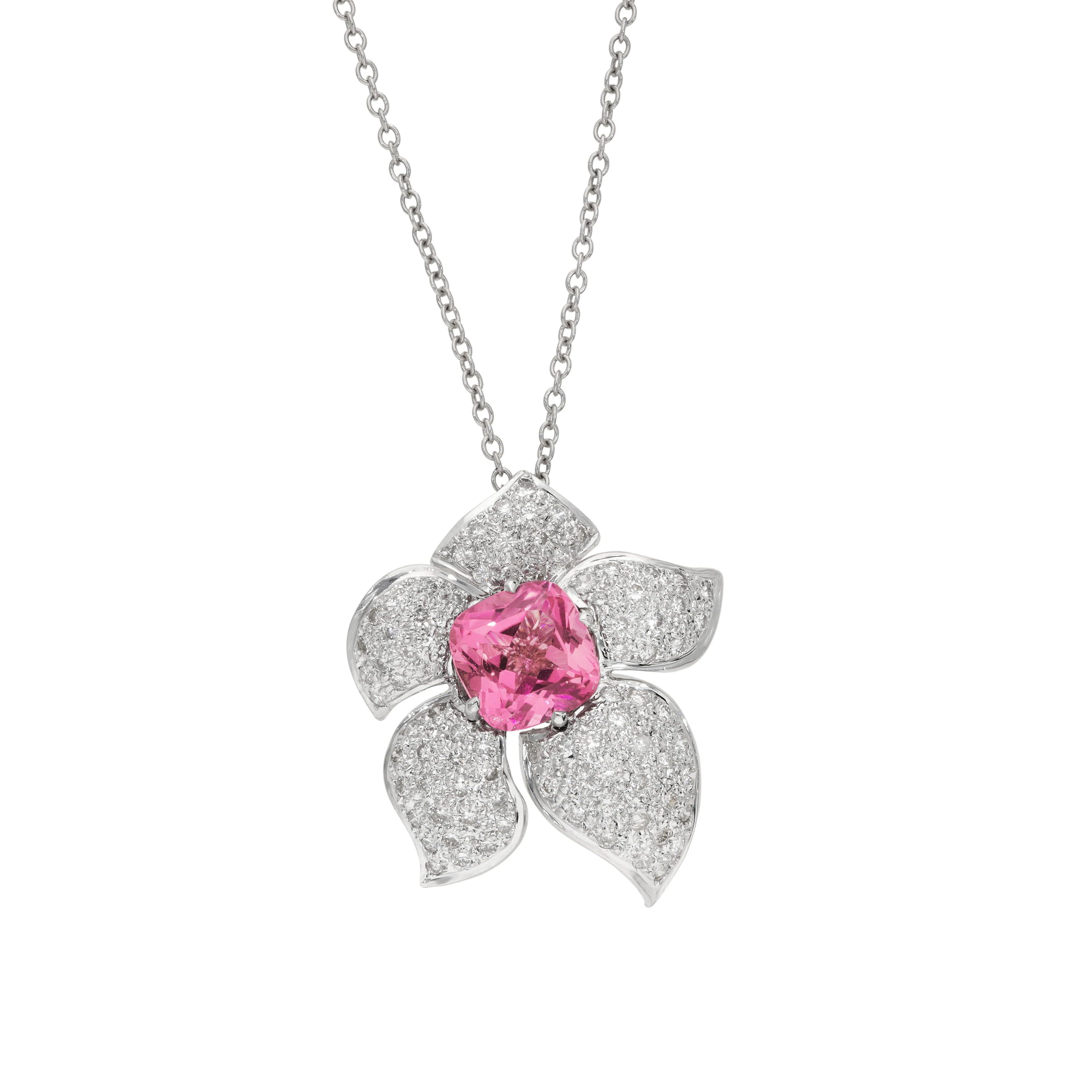 White Gold, 3.50ct Tourmaline and Diamond Floral Pendant Necklace