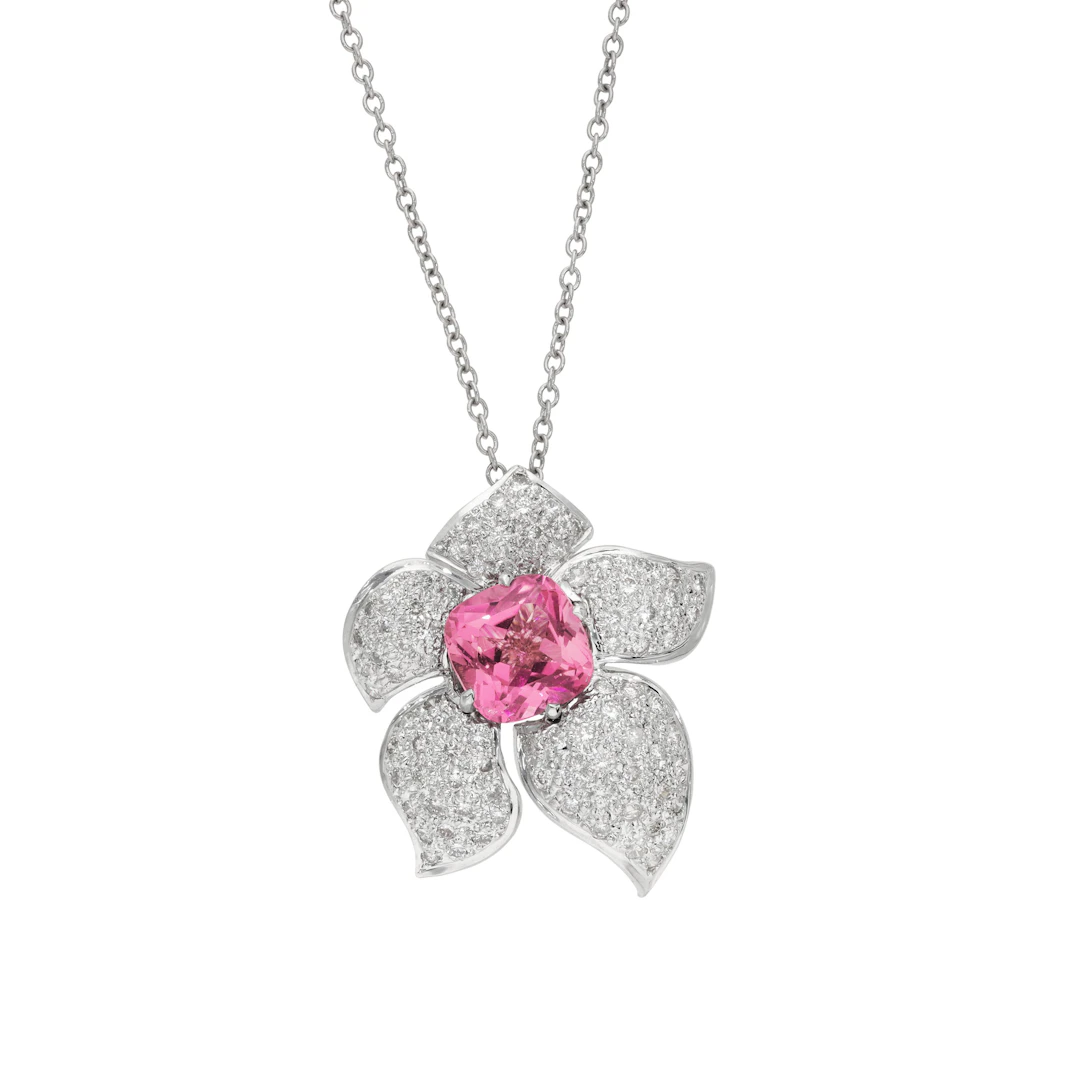 White Gold, 3.50ct Tourmaline and Diamond Floral Pendant Necklace