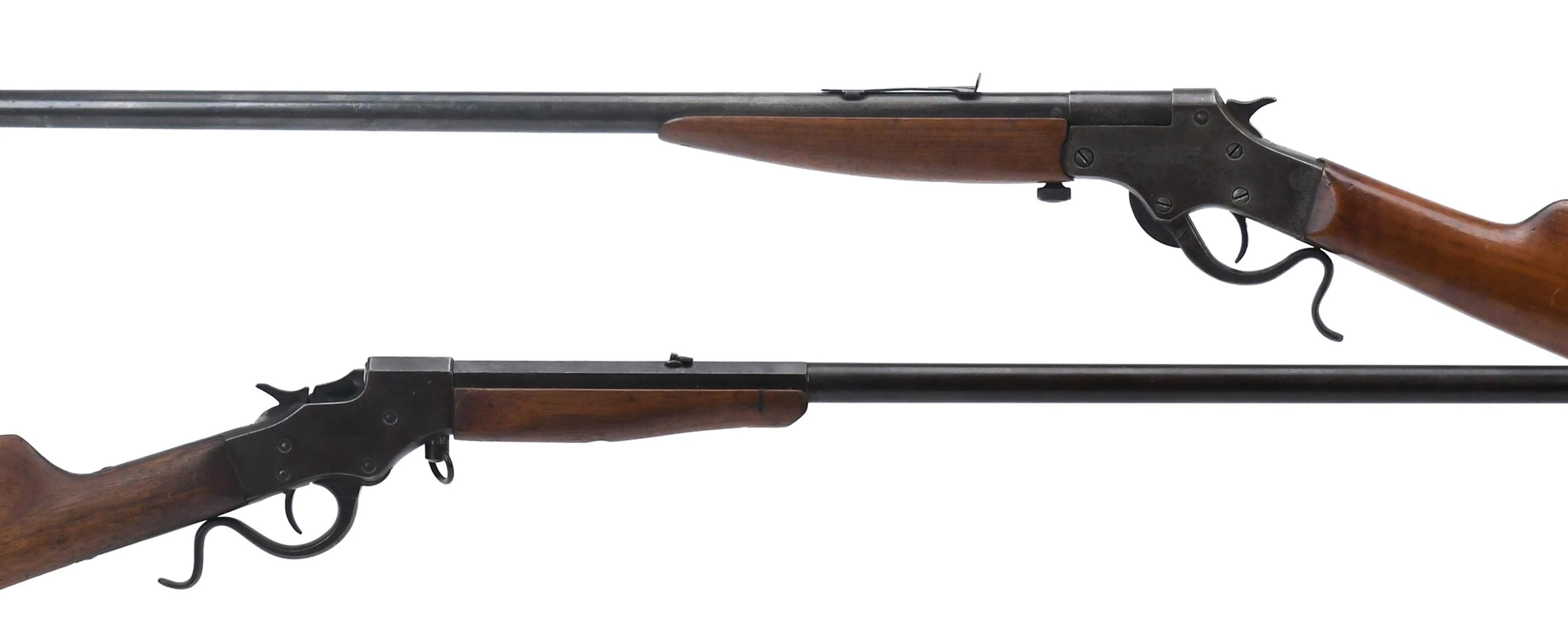 TWO ANTIQUE .22 FALLING BLOCK SINGLE SHOT RIFLE.