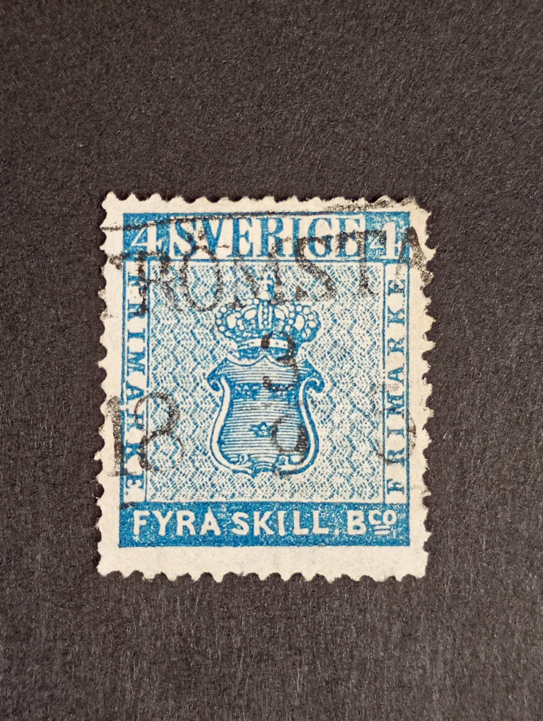 Frimärke, Fyraskilling Banco, stämplat Strömsta