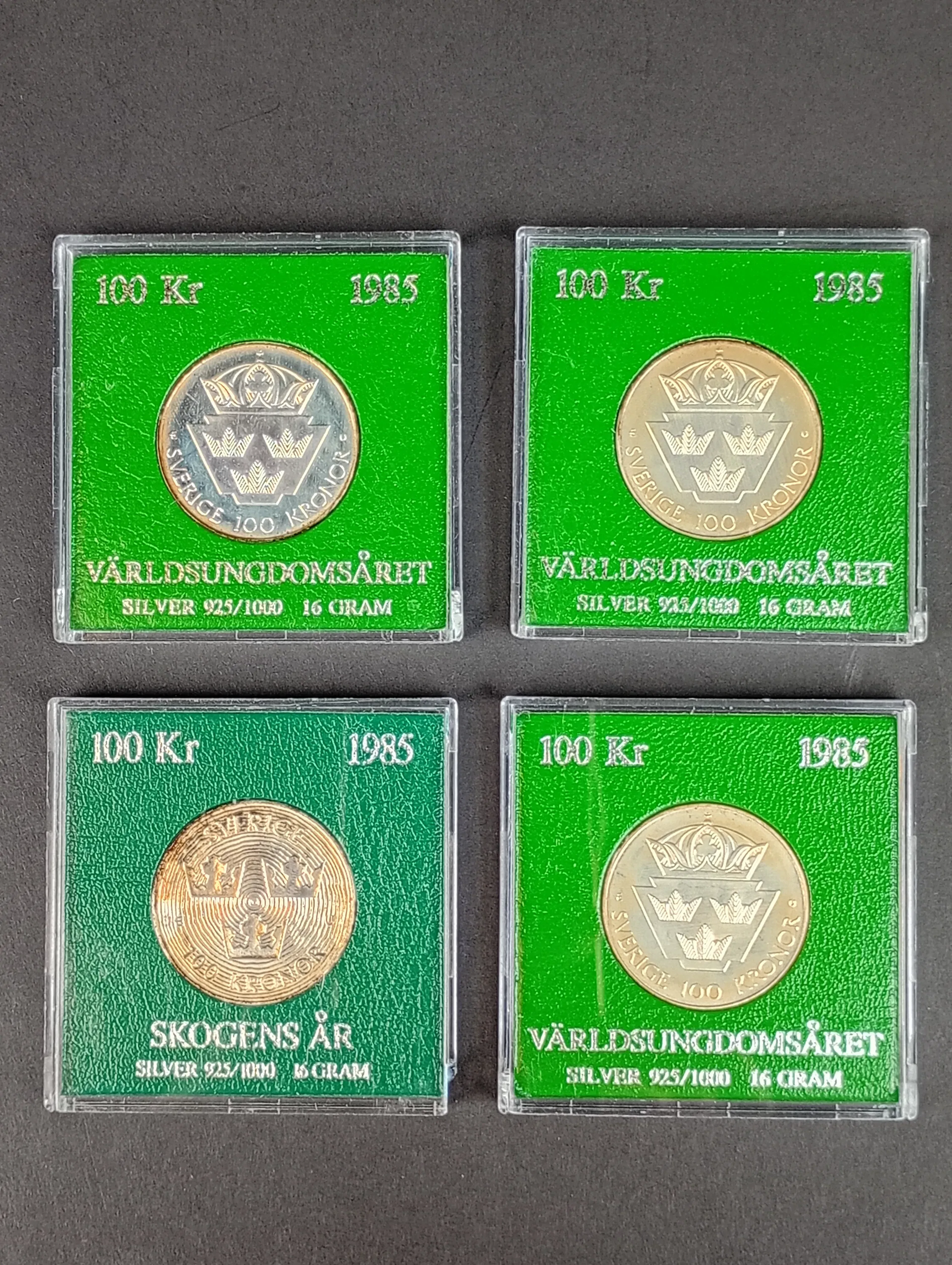 Silver, Minnesmynt 4 st 1985 100 kr bl.a. Skogens år