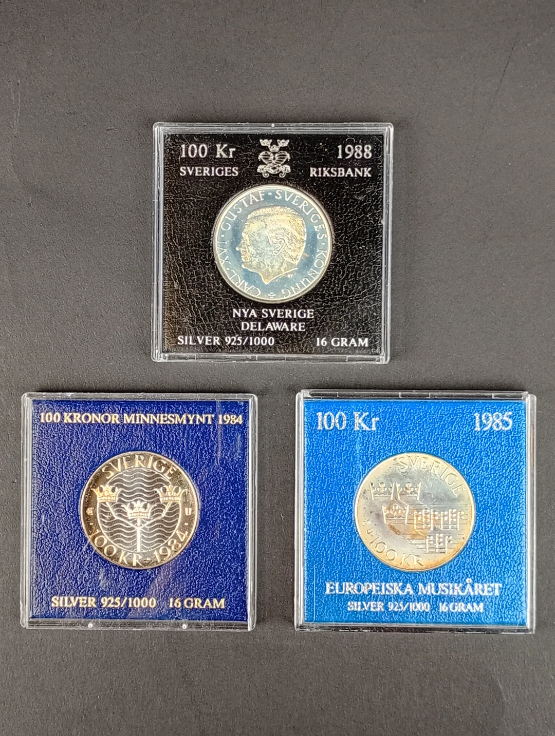 Silver Minnesmynt 3 st 100 kr bl.a. Nya Sverige Delaware 1988