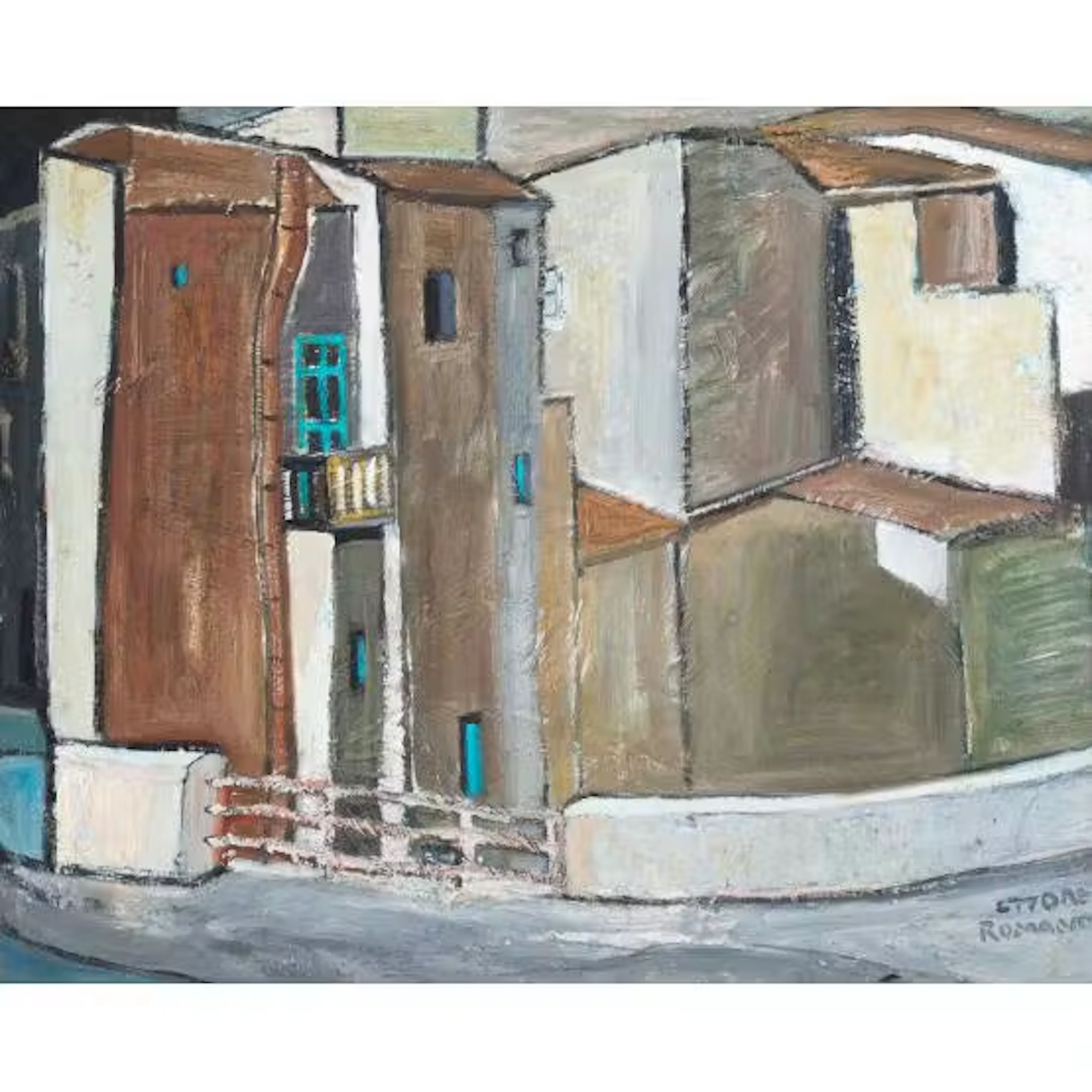 ETTORE ROMANO, Scorcio di paese, Olio su faesite