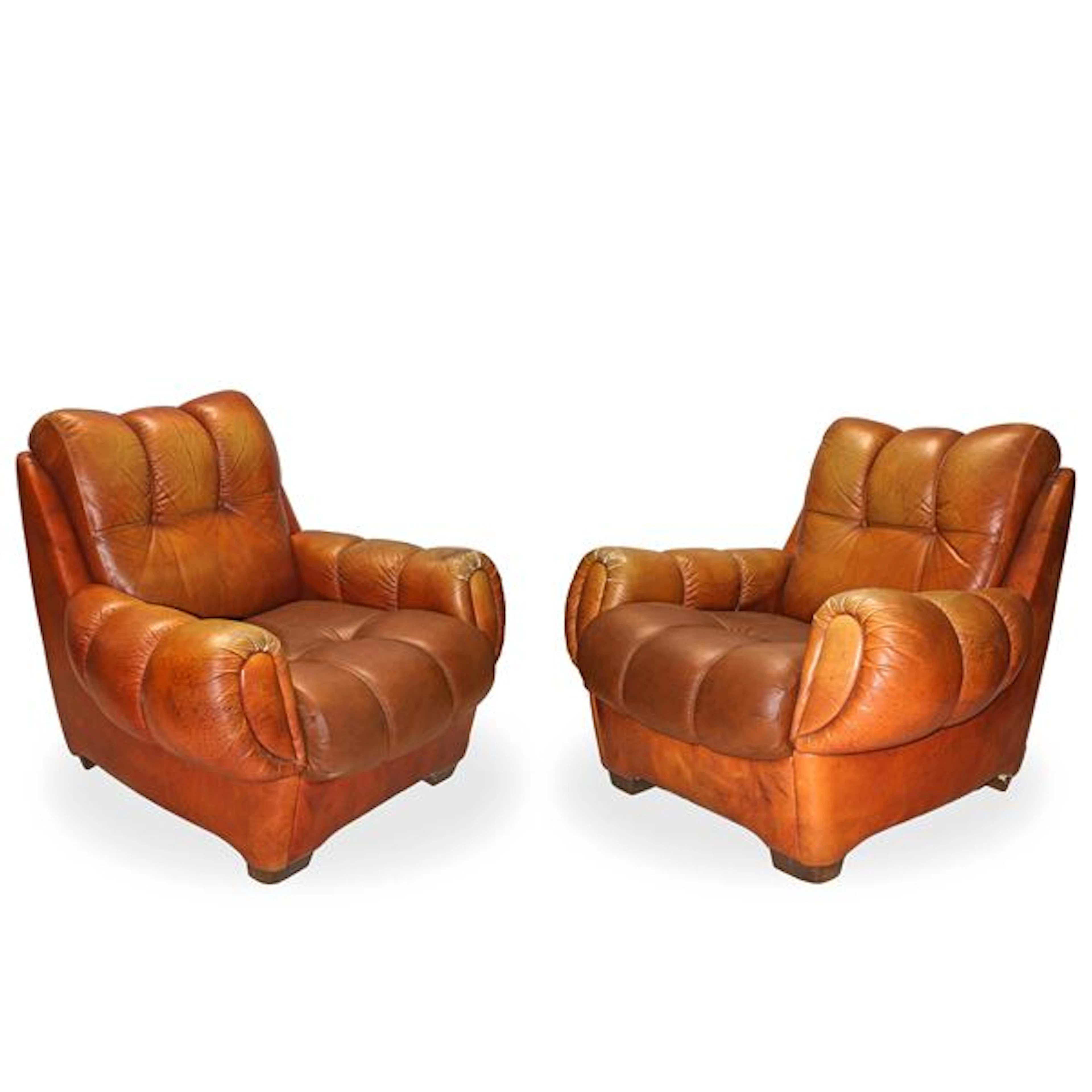 Coppia di poltrone Joe DiMaggio in pelle color cognac, anni '70