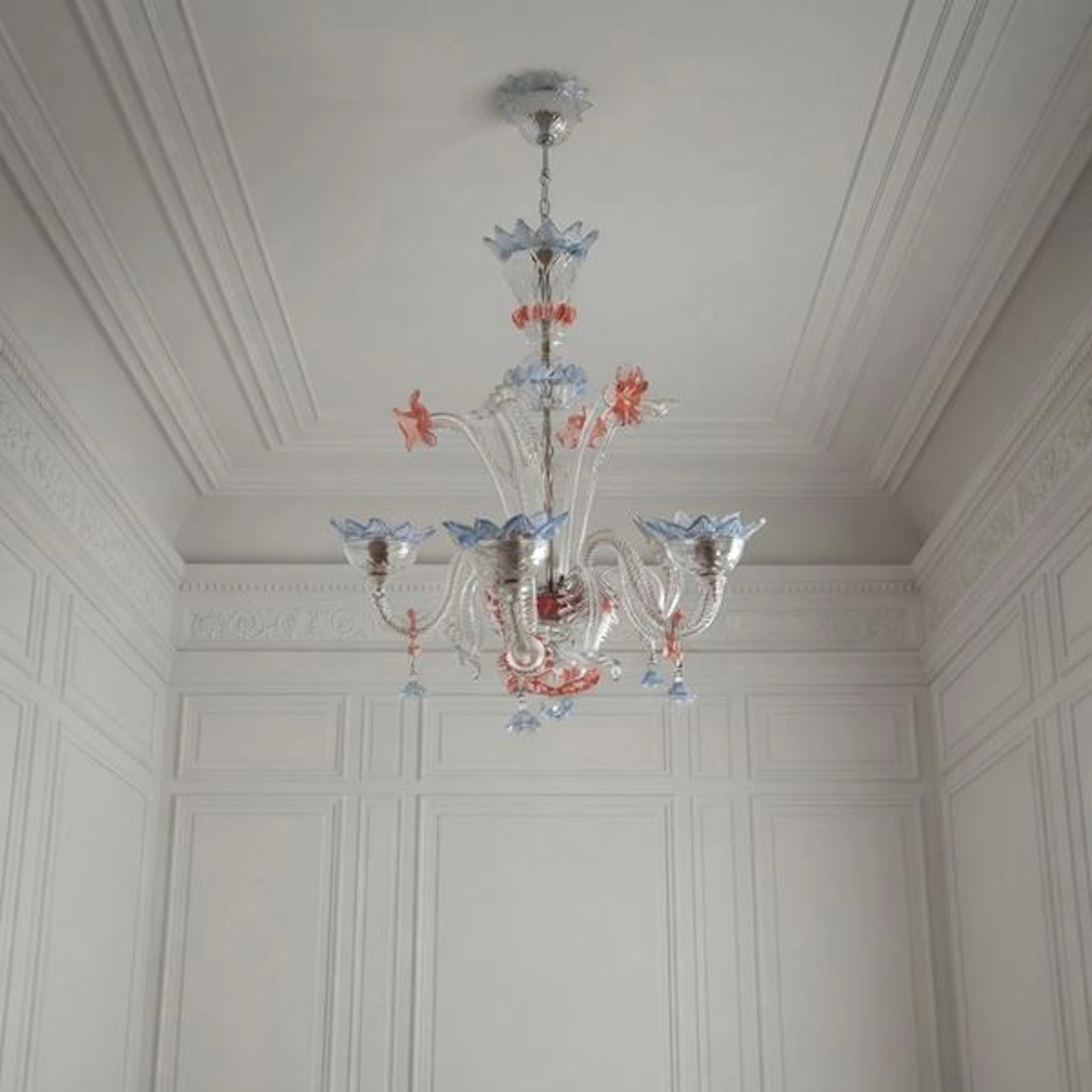 Lampadario in vetro di Murano policromo a 5 luci, Inzi XX secolo
