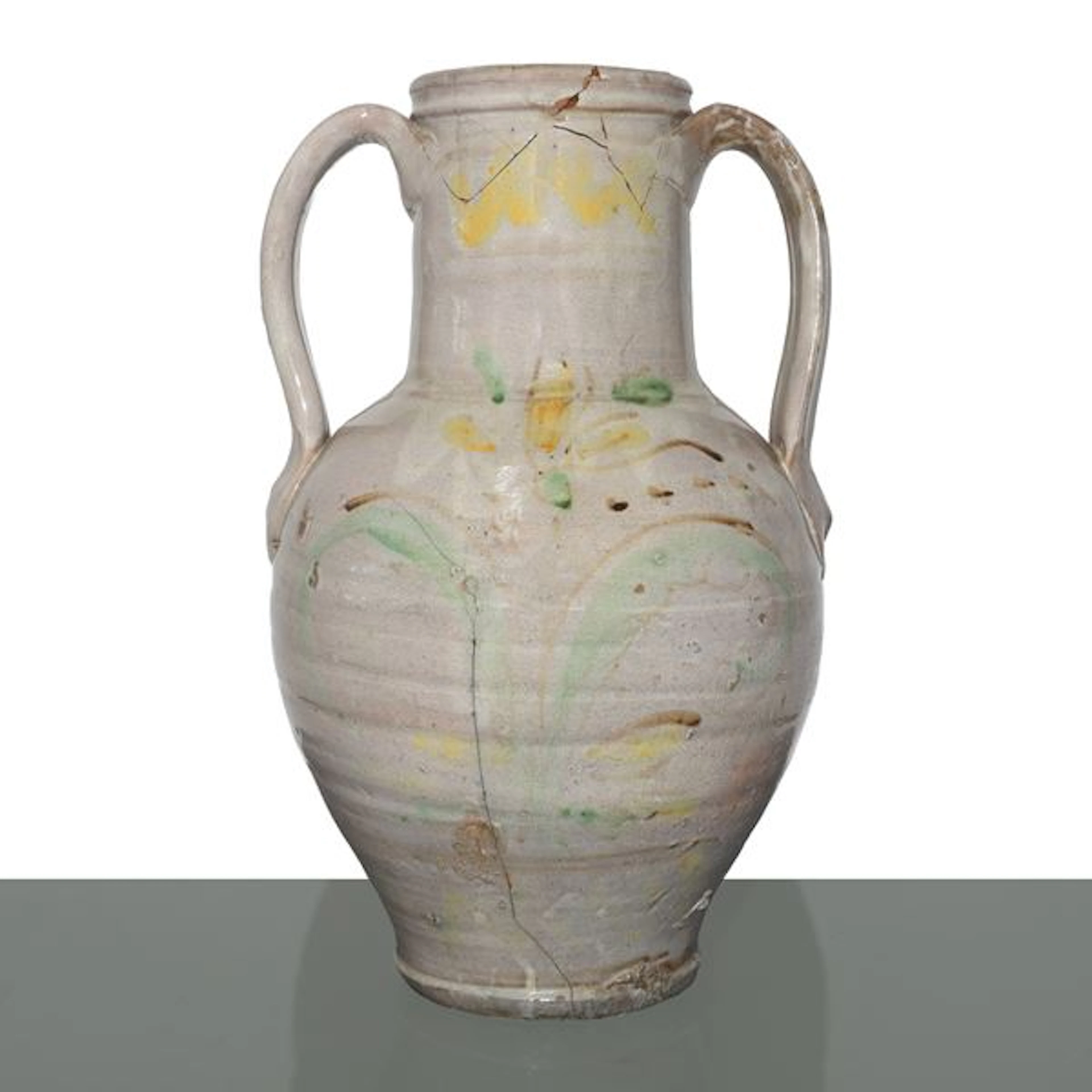 Quartara in maiolica di Caltagirone invetriata bianca con fiore policromo