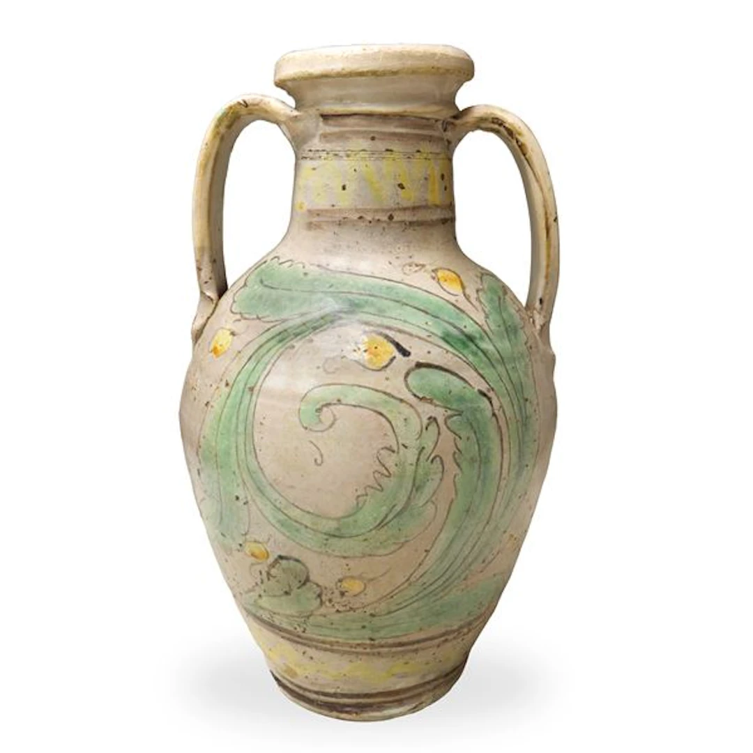 Quartara in maiolica di Caltagirone con foglia policroma dipinta al