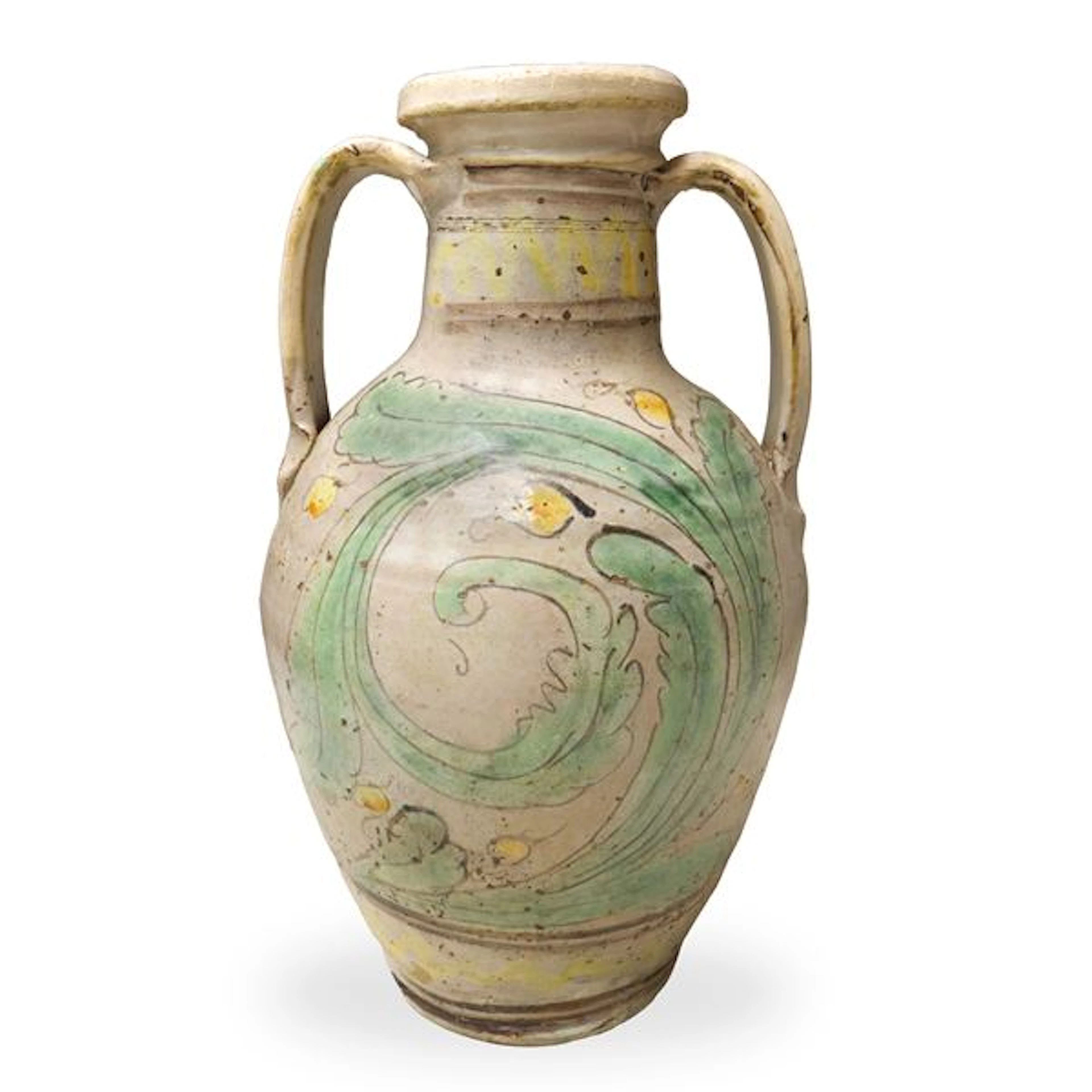 Quartara in maiolica di Caltagirone con foglia policroma dipinta al