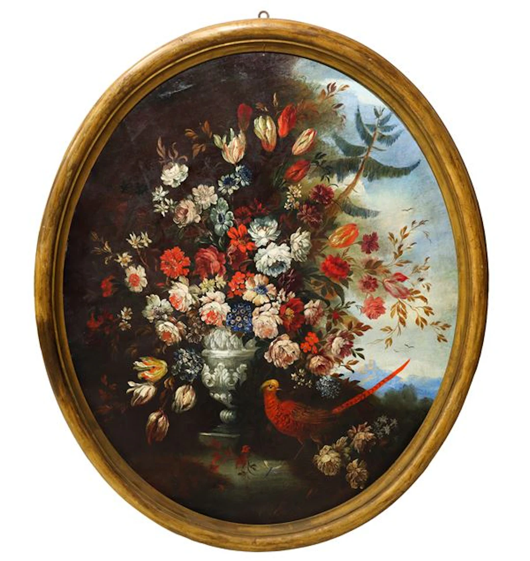 Natura morta di fiori, dipinto ovale, Sicilia, inizi XVIII secolo