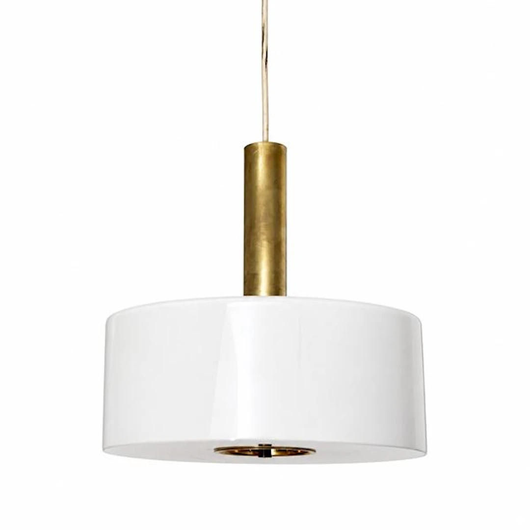 Lampadario con paralume a tamburo in vetro opalino bianco lucido e