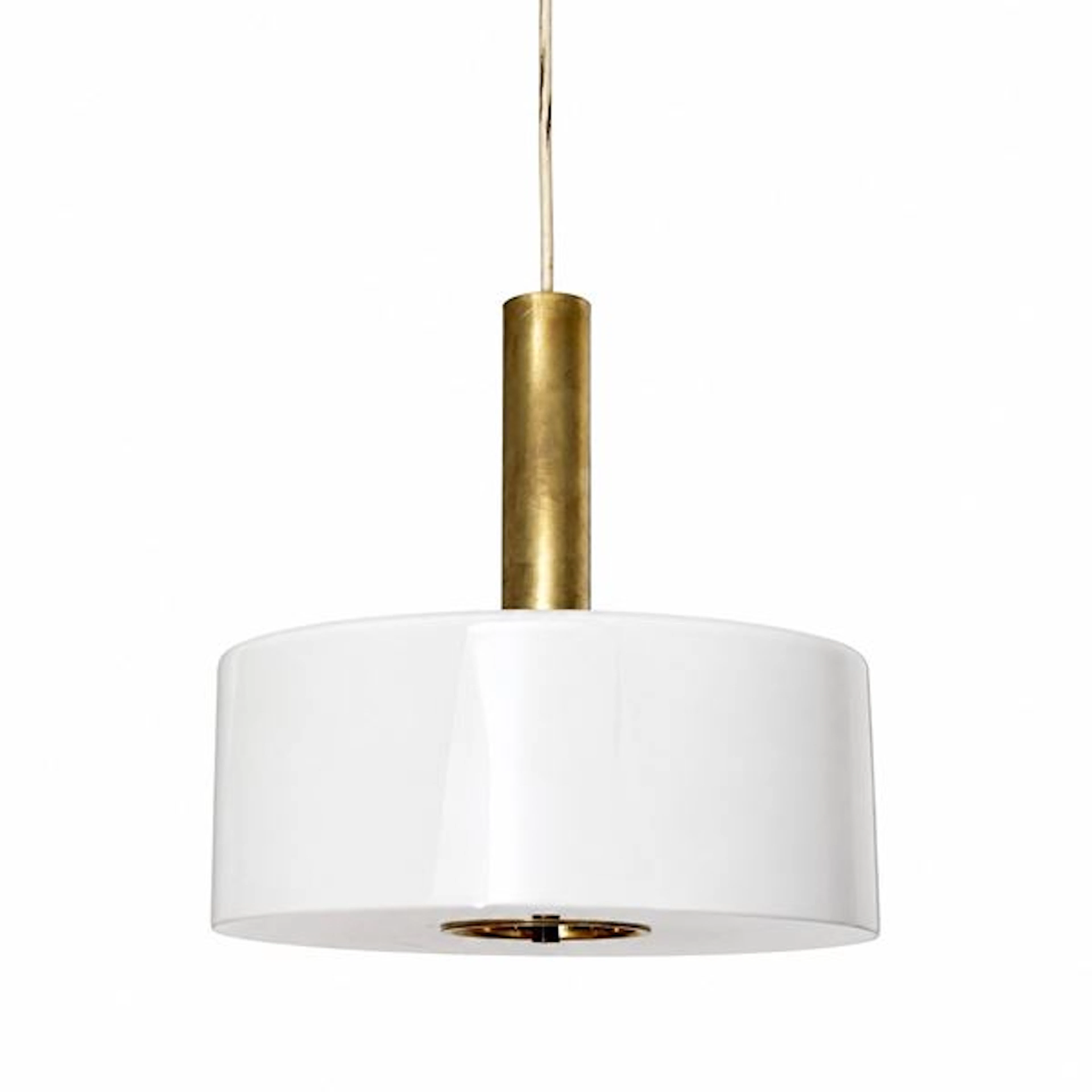 Lampadario con paralume a tamburo in vetro opalino bianco lucido e