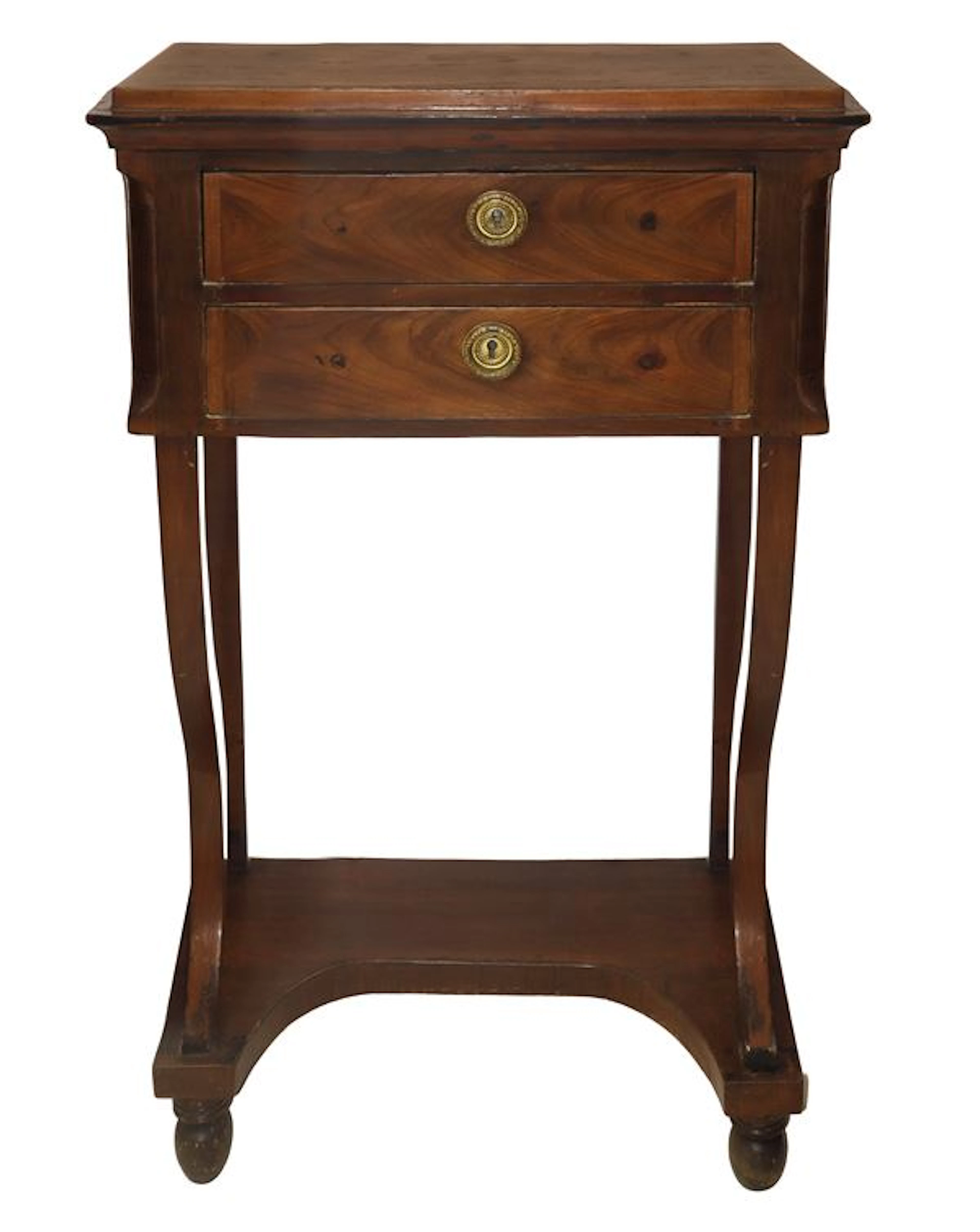 Mobile alto Carlo X a due cassetti in legno di noce con gambe a sciabola