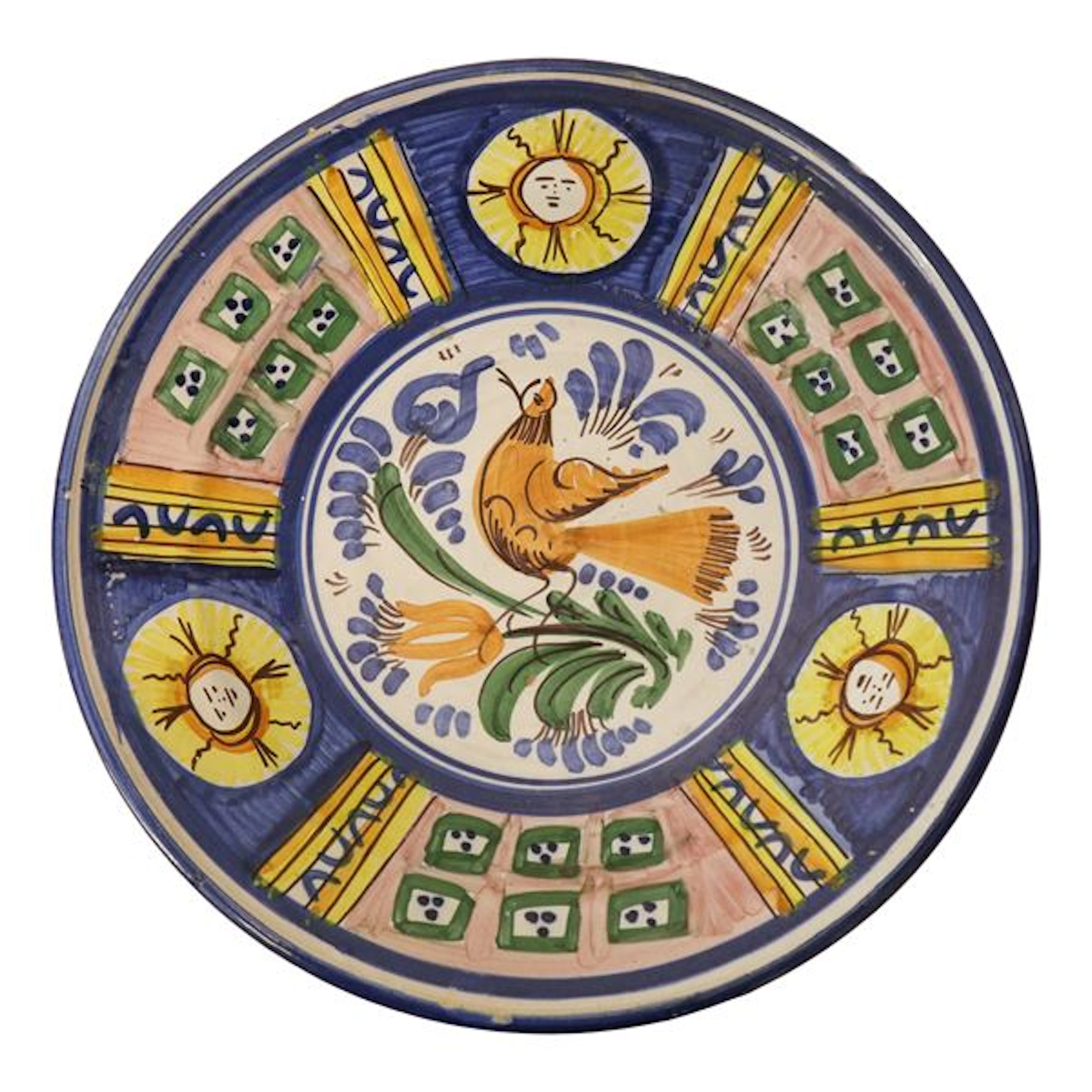 Piatto in maiolica policroma dipinta con raffigurazione di un uccello al centro