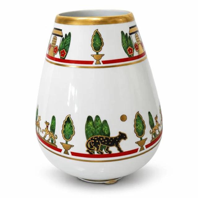 Vaso in porcellana bianca di Limoges con decori policromi con decori