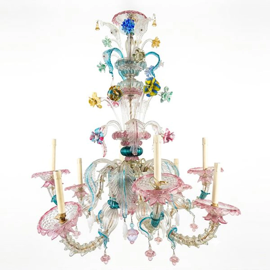 Lampadario in vetro di Murano policromo a 8 luci