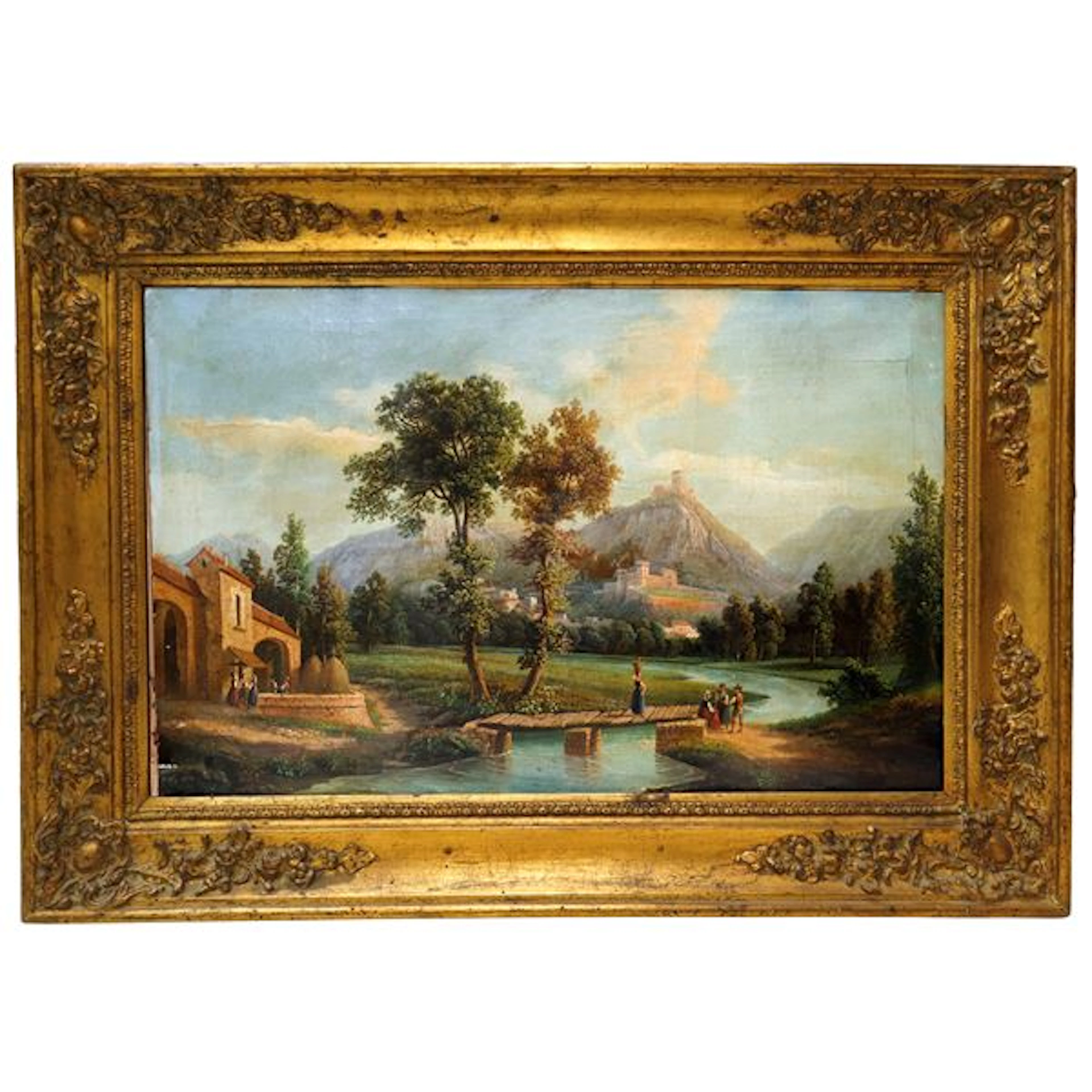 Paesaggio fluviale con alberi e personaggi, XIX secolo