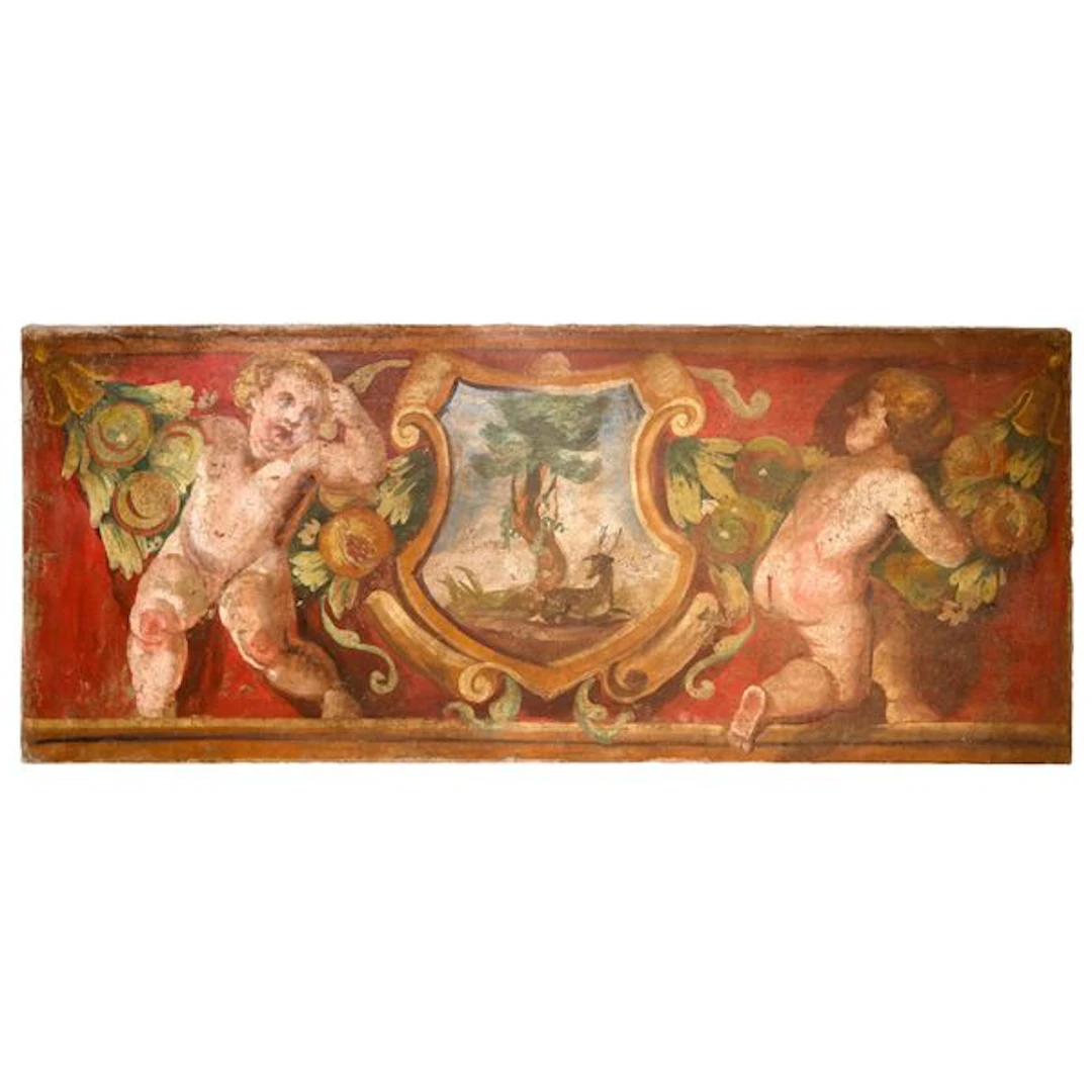 Sopraporta, elegante stemma d'affresco riportato su tela, cartiglio