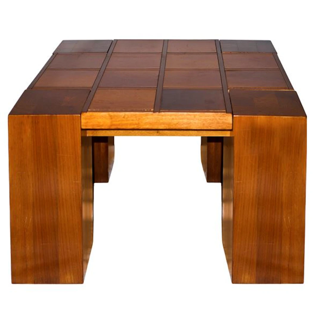 Tavolino anni '70 in legno con intarsio damiere sul piano, anni '70