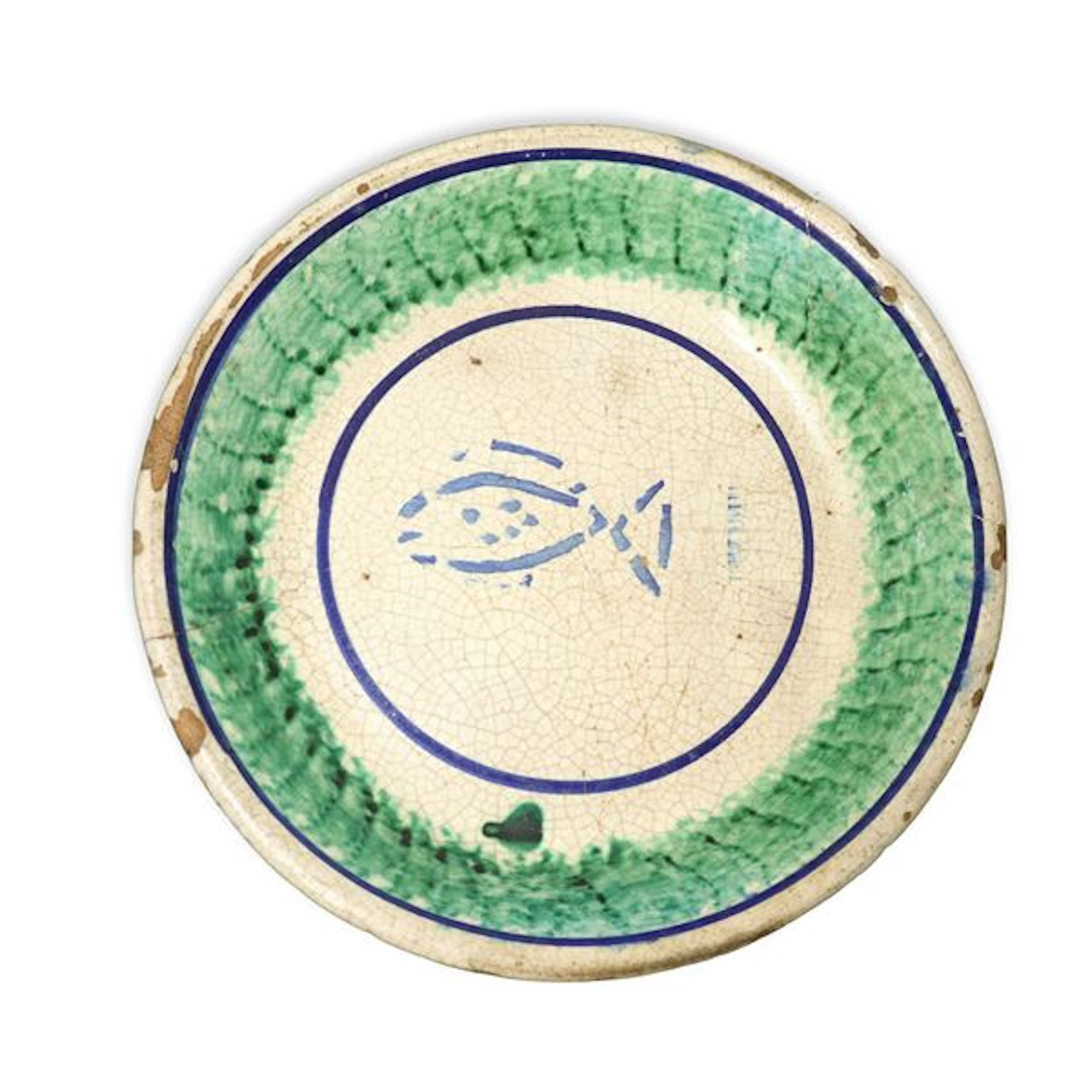 Piatto in maiolica di Caltagirone spugnato verde con pesce sul fronte