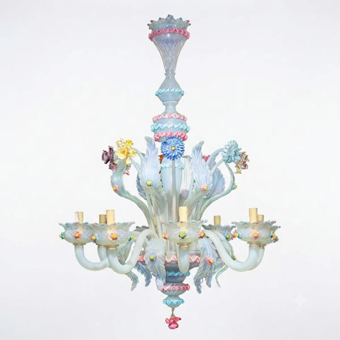 Lampadario in vetro di Murano lattimo con decori floreali policromi