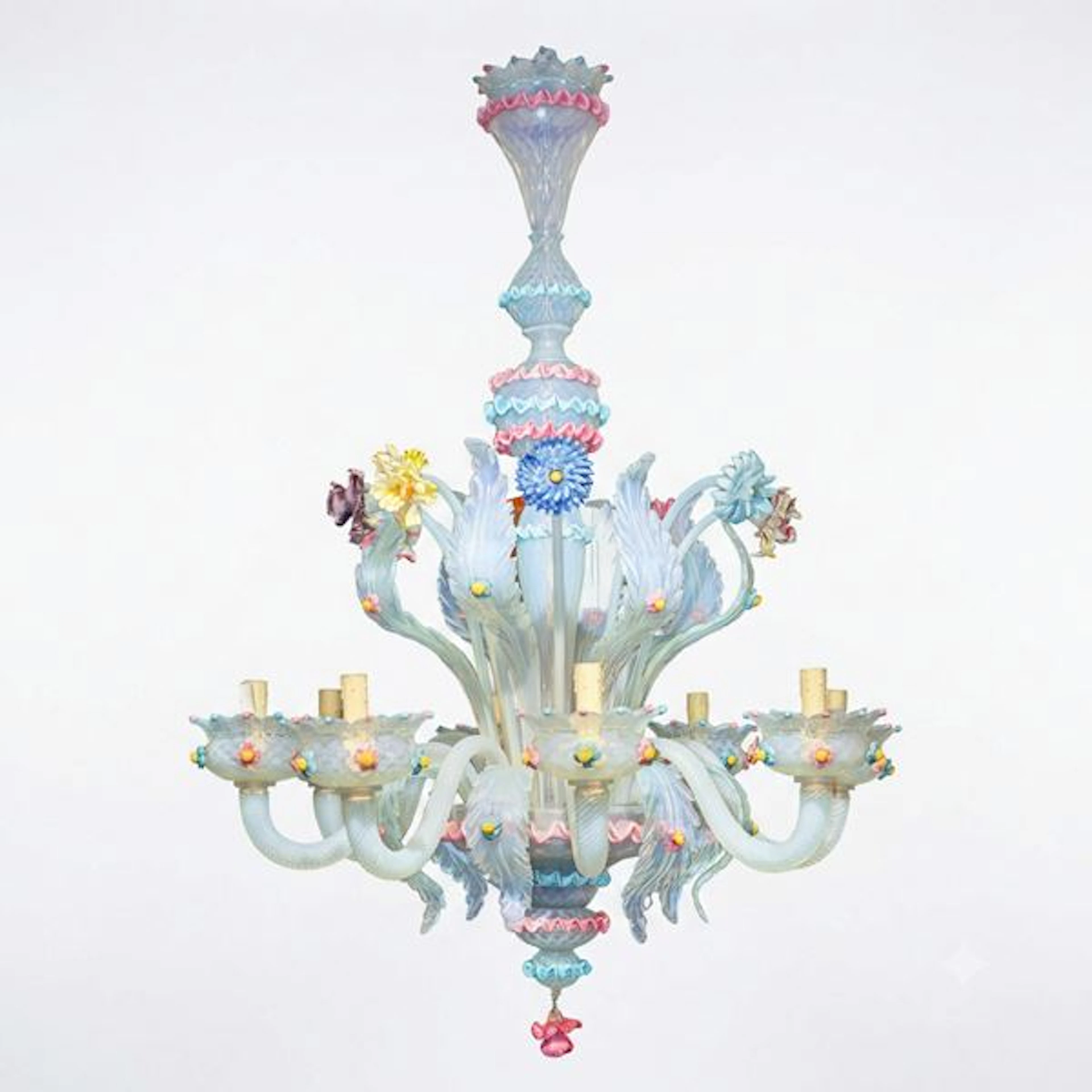 Lampadario in vetro di Murano lattimo con decori floreali policromi