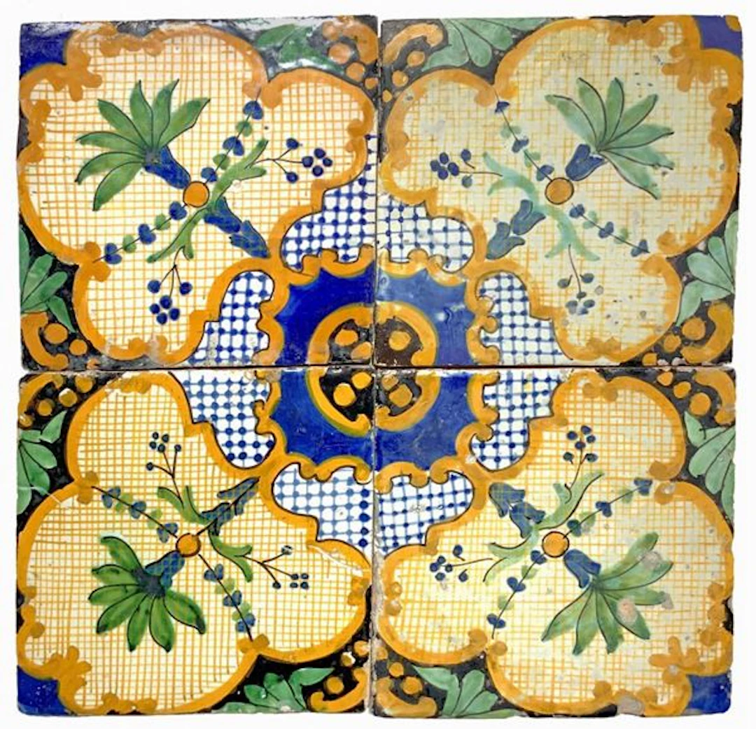 Riquadro di 4 piastrelle in ceramica con decorazione di palme, Napoli