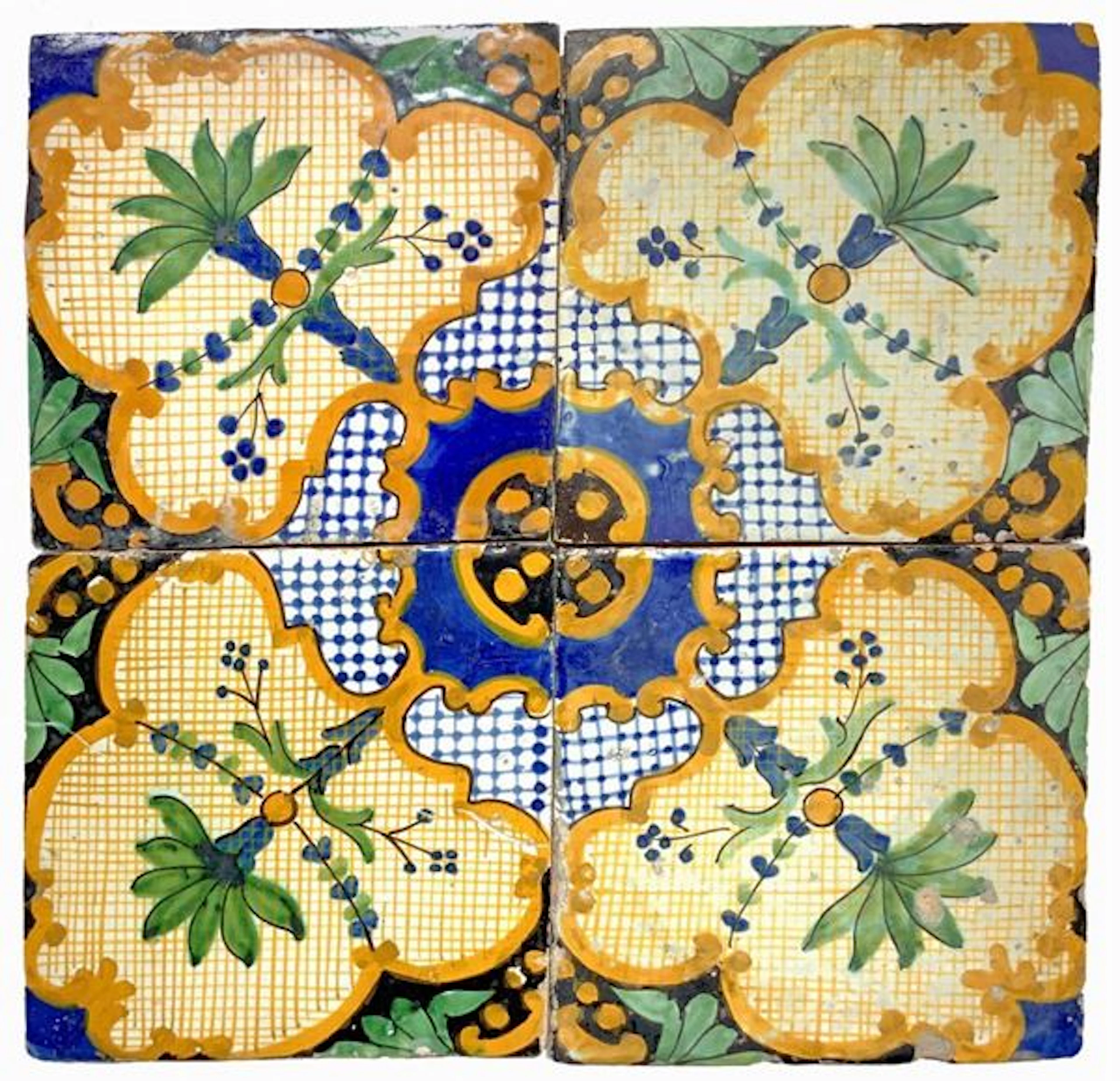 Riquadro di 4 piastrelle in ceramica con decorazione di palme, Napoli