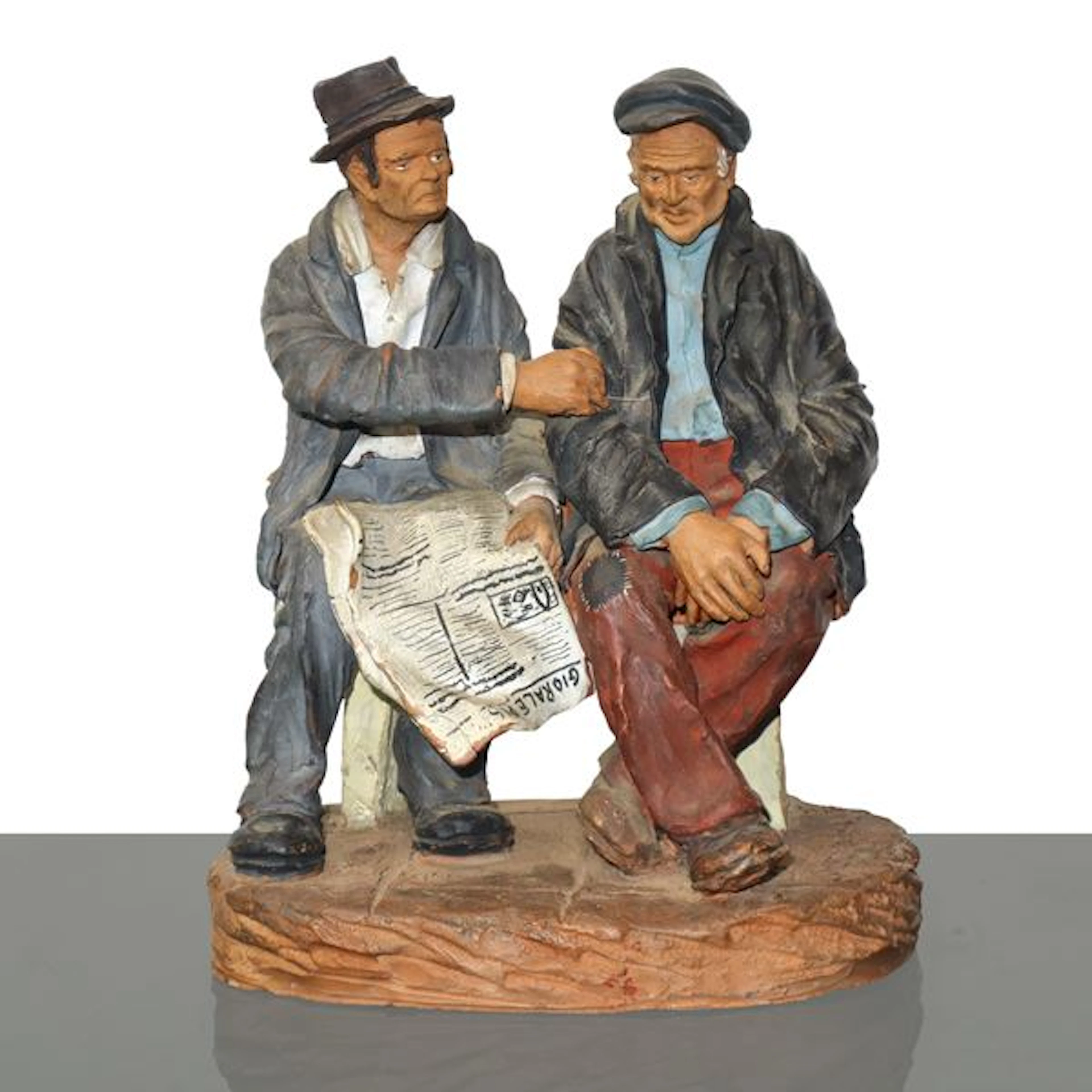 Uomini che leggono il giornale sulla panchina, coppia di figurine