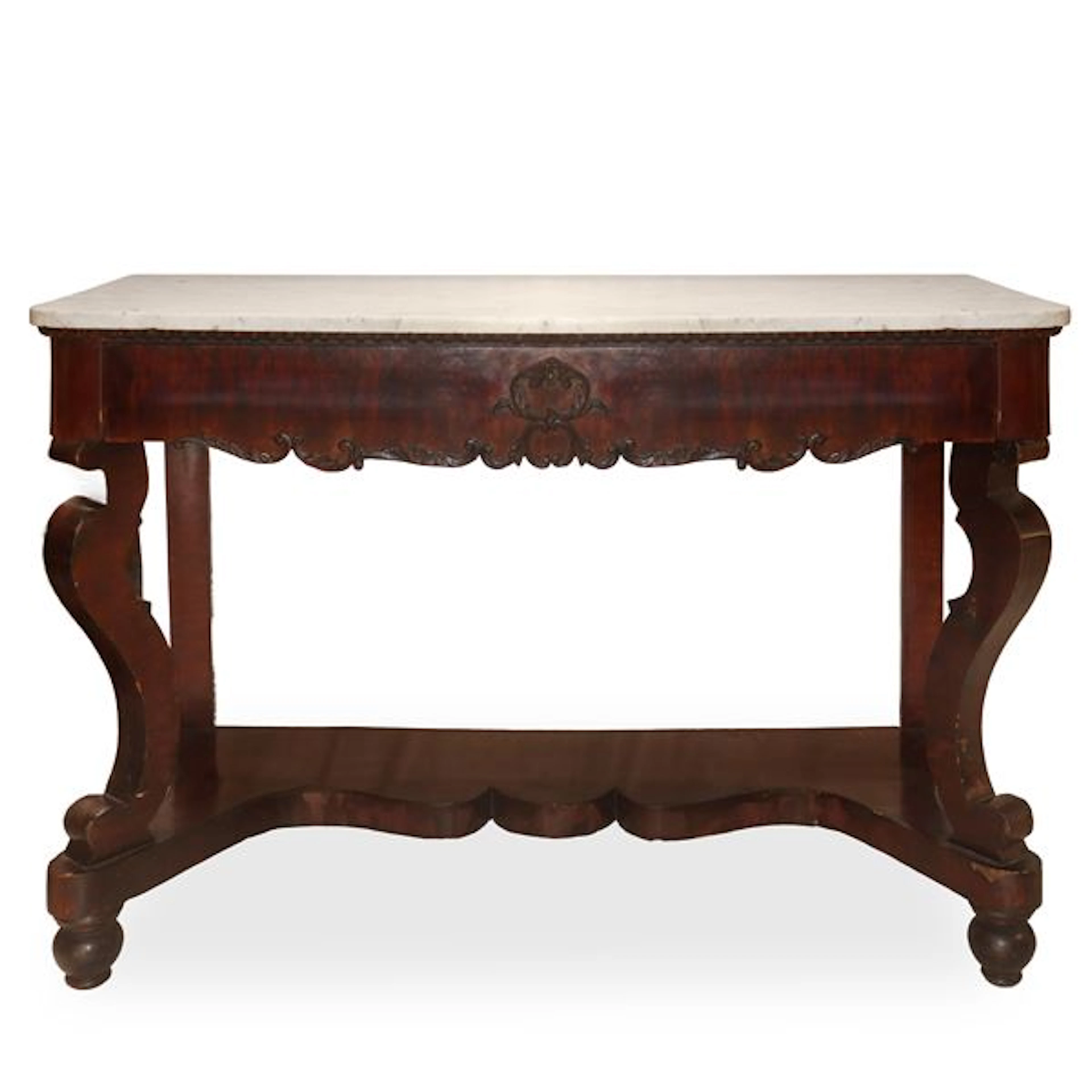Consolle in legno di mogano con marmo bianco al piano
