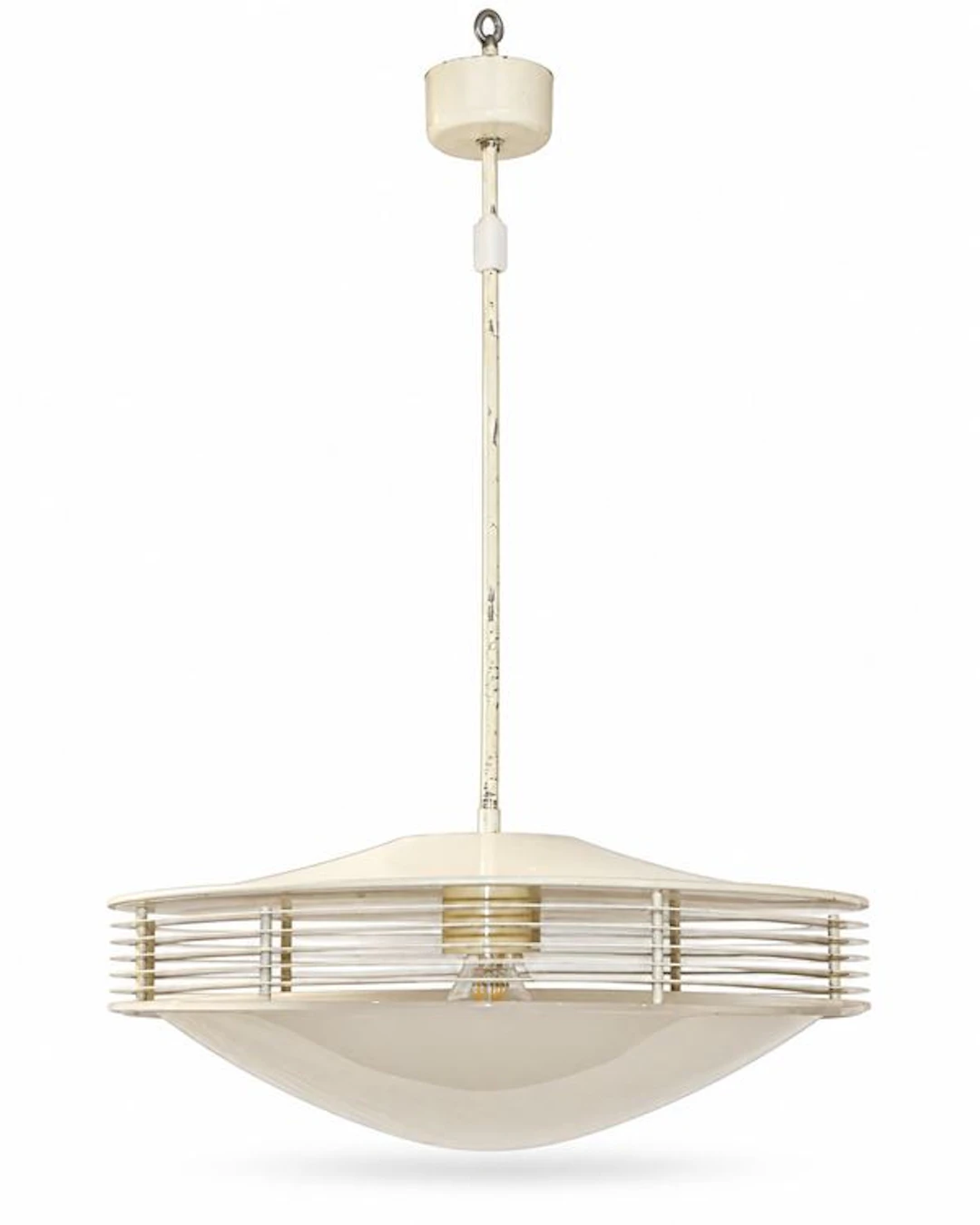 Lampada a sospensione space age con diffusore lenticolare in vetro