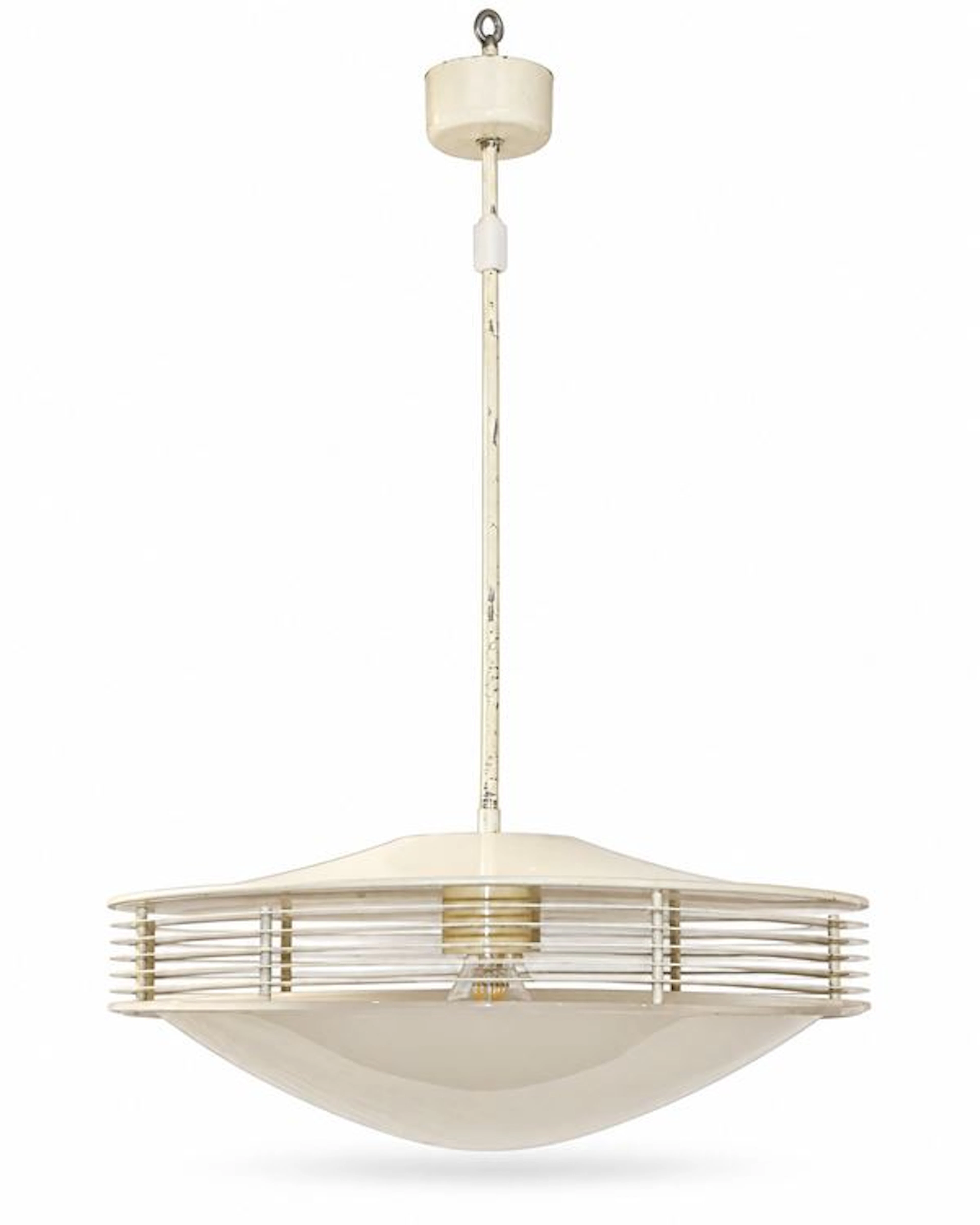 Lampada a sospensione space age con diffusore lenticolare in vetro