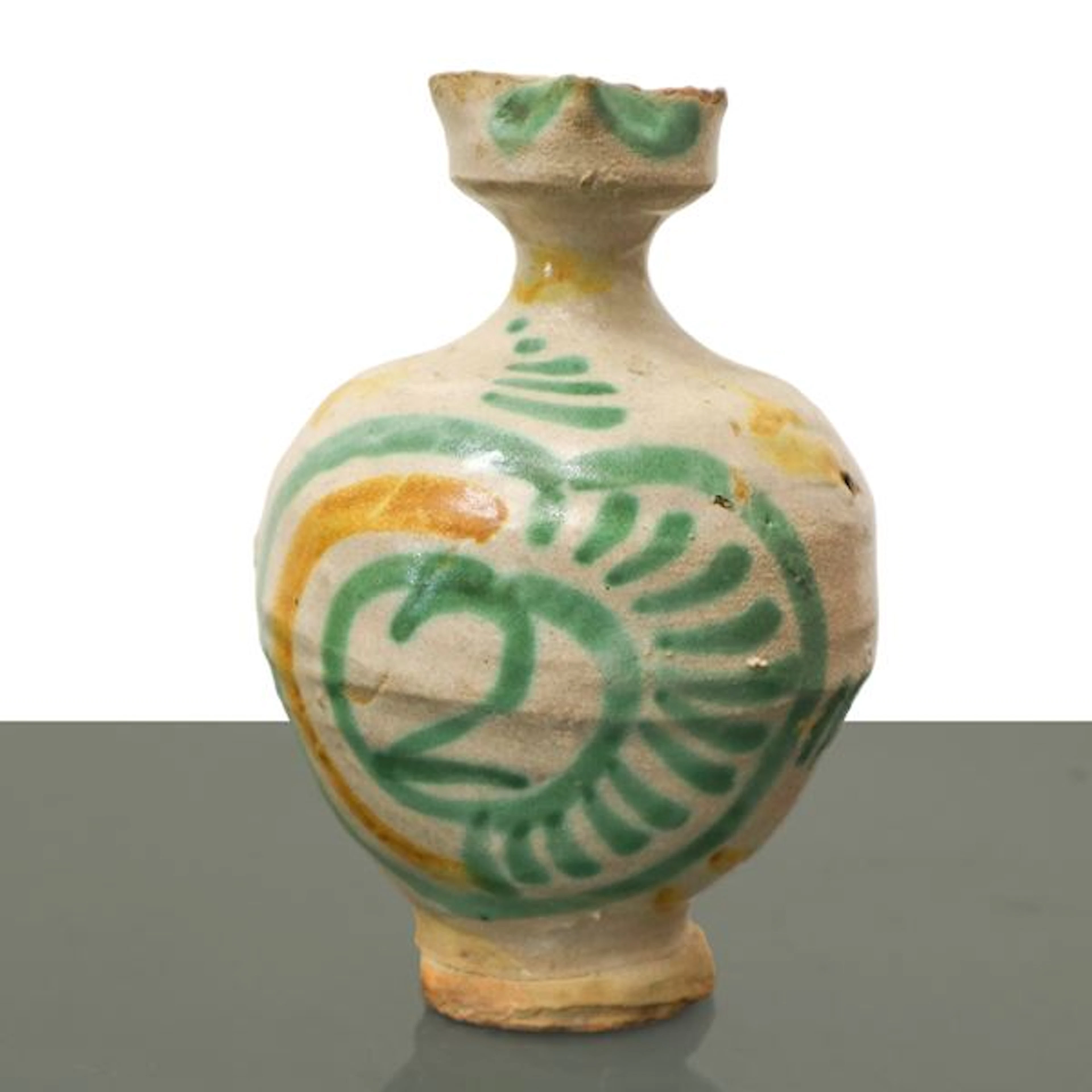 Orciolo in maiolica di Caltagirone con disegno policromo nei toni