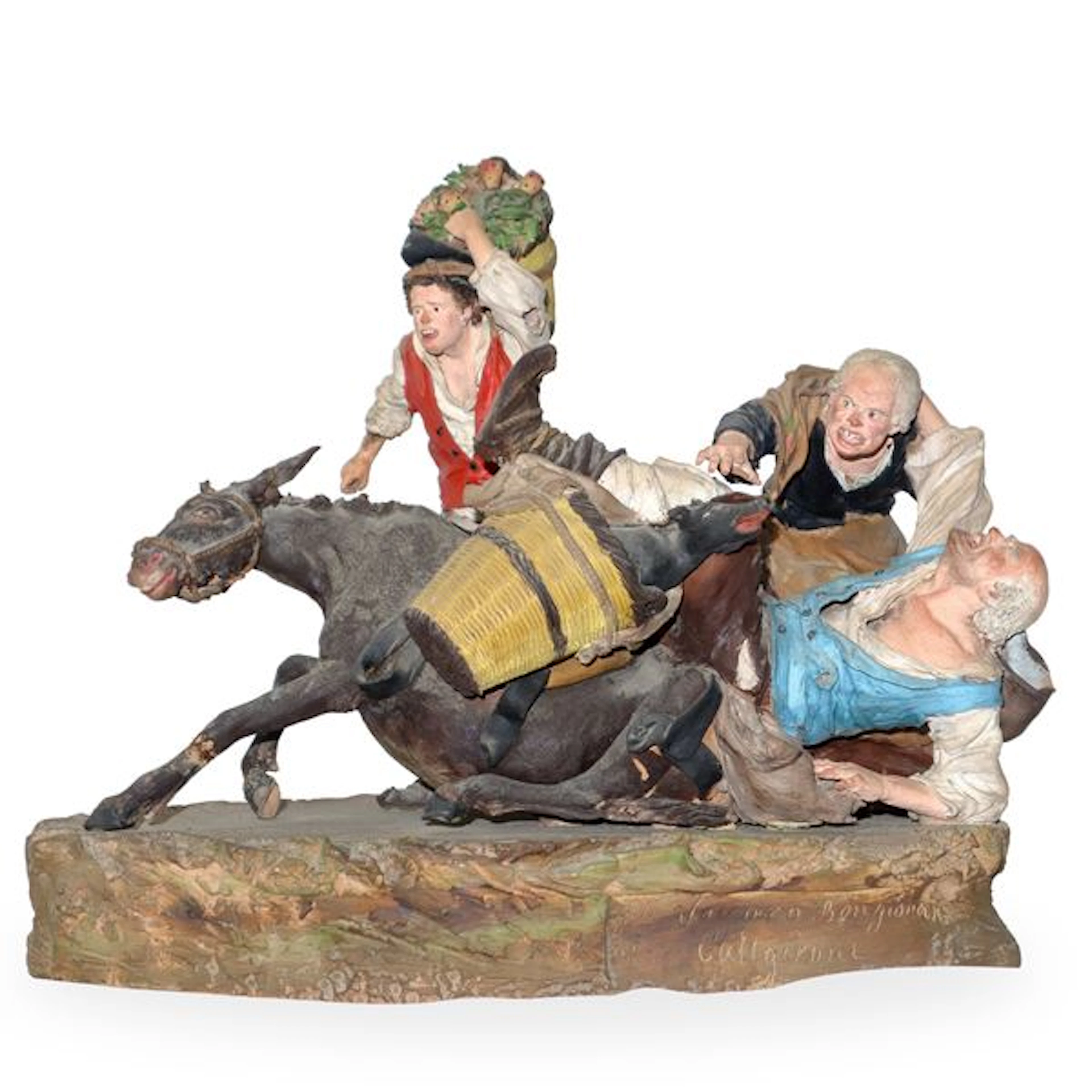 Caduta dell'asino, gruppo di figurine in terracotta policroma - Bongiovanni