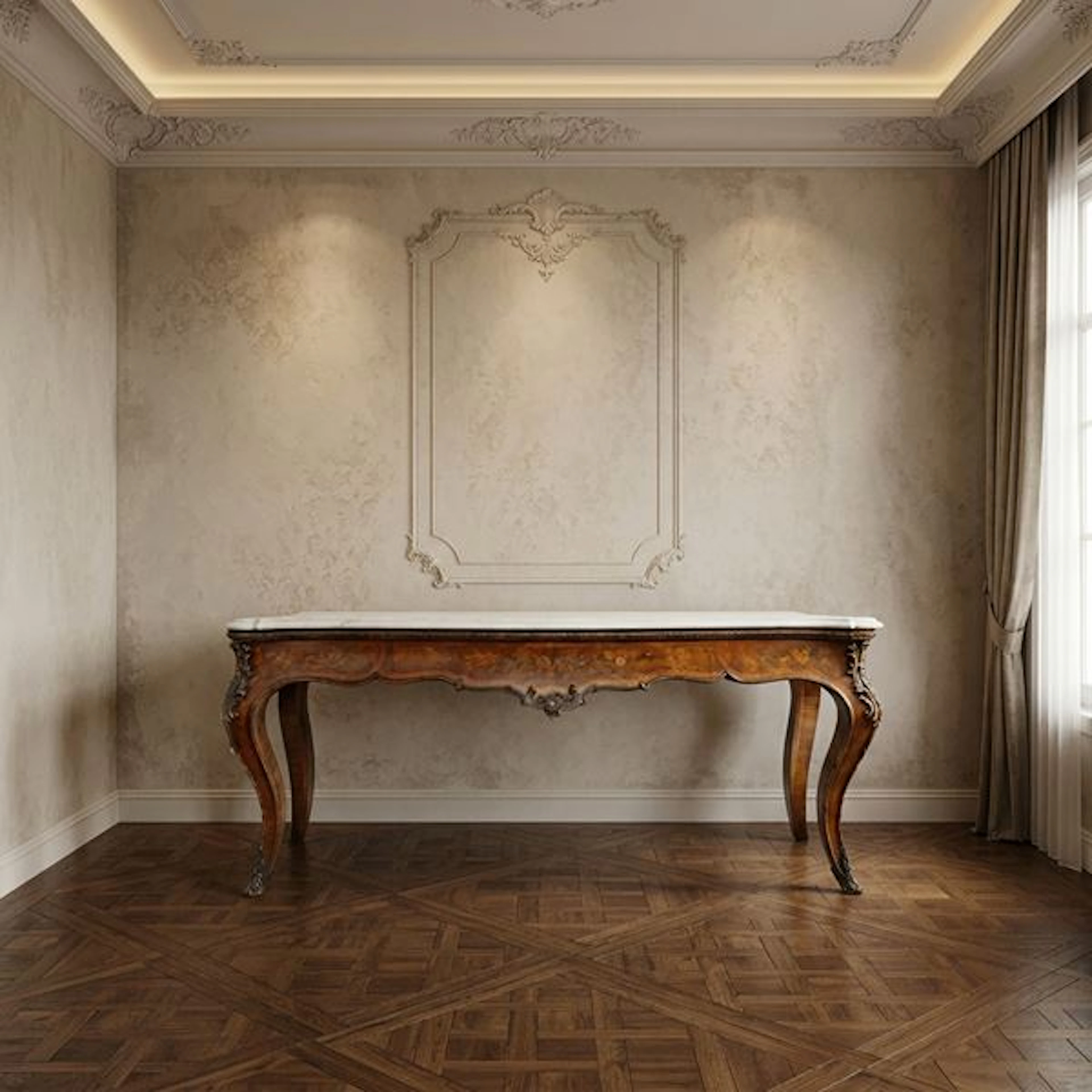 Grande consolle con marmo al piano con bordo bisellato e intarsi sul