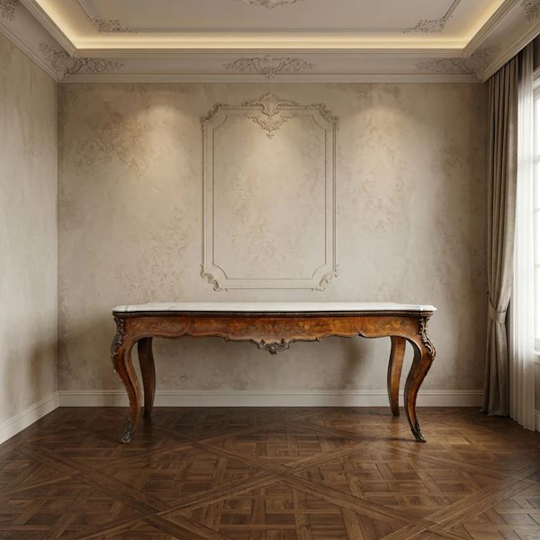 Grande consolle con marmo al piano con bordo bisellato e intarsi sul