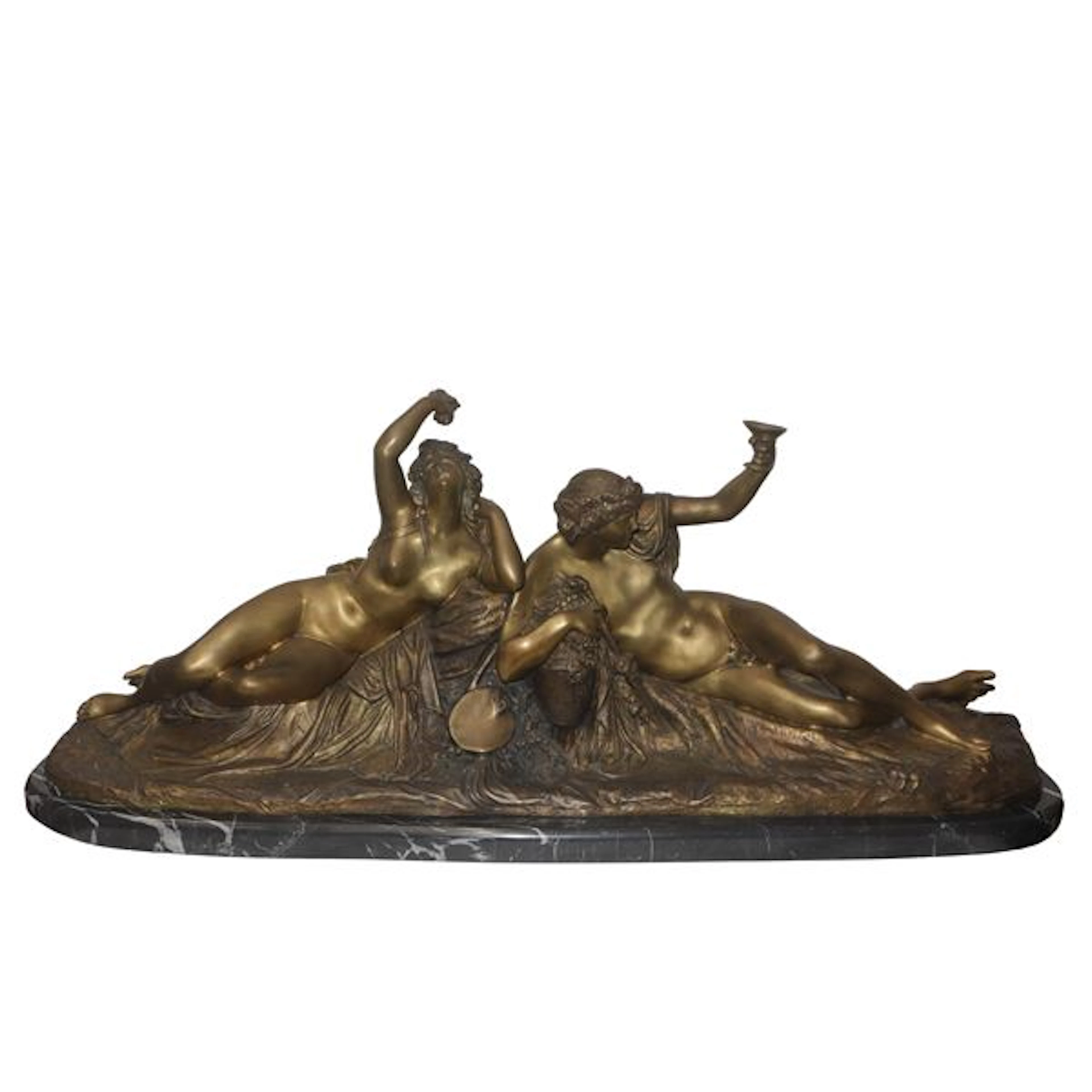 "Baccanale", grande scultura in bronzo a patina dorata con base in