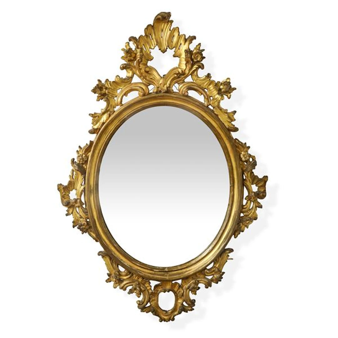 Specchiera ovale in legno dorato a foglia, XIX secolo
