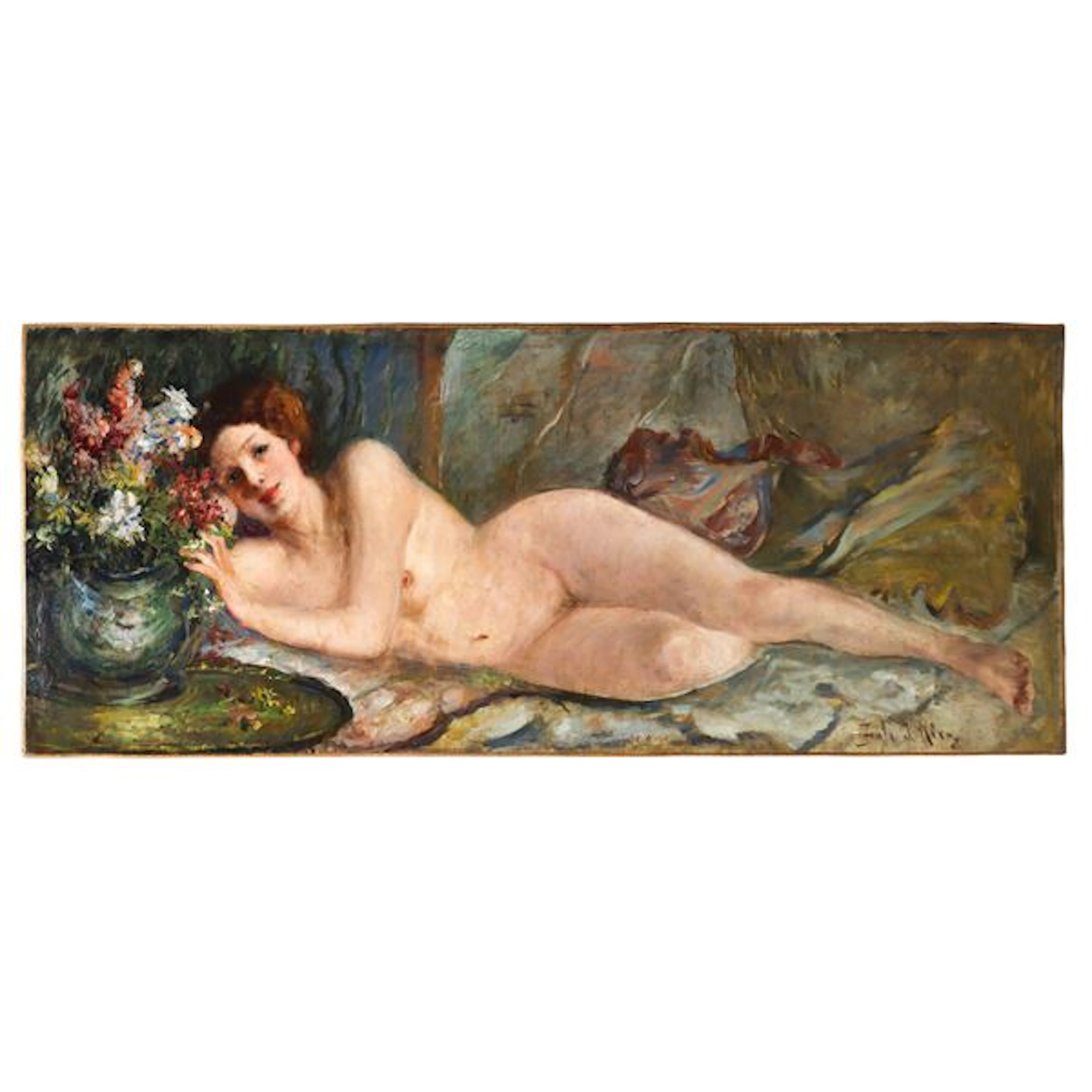 Nudo femminile disteso con vaso di fiori, XX sec