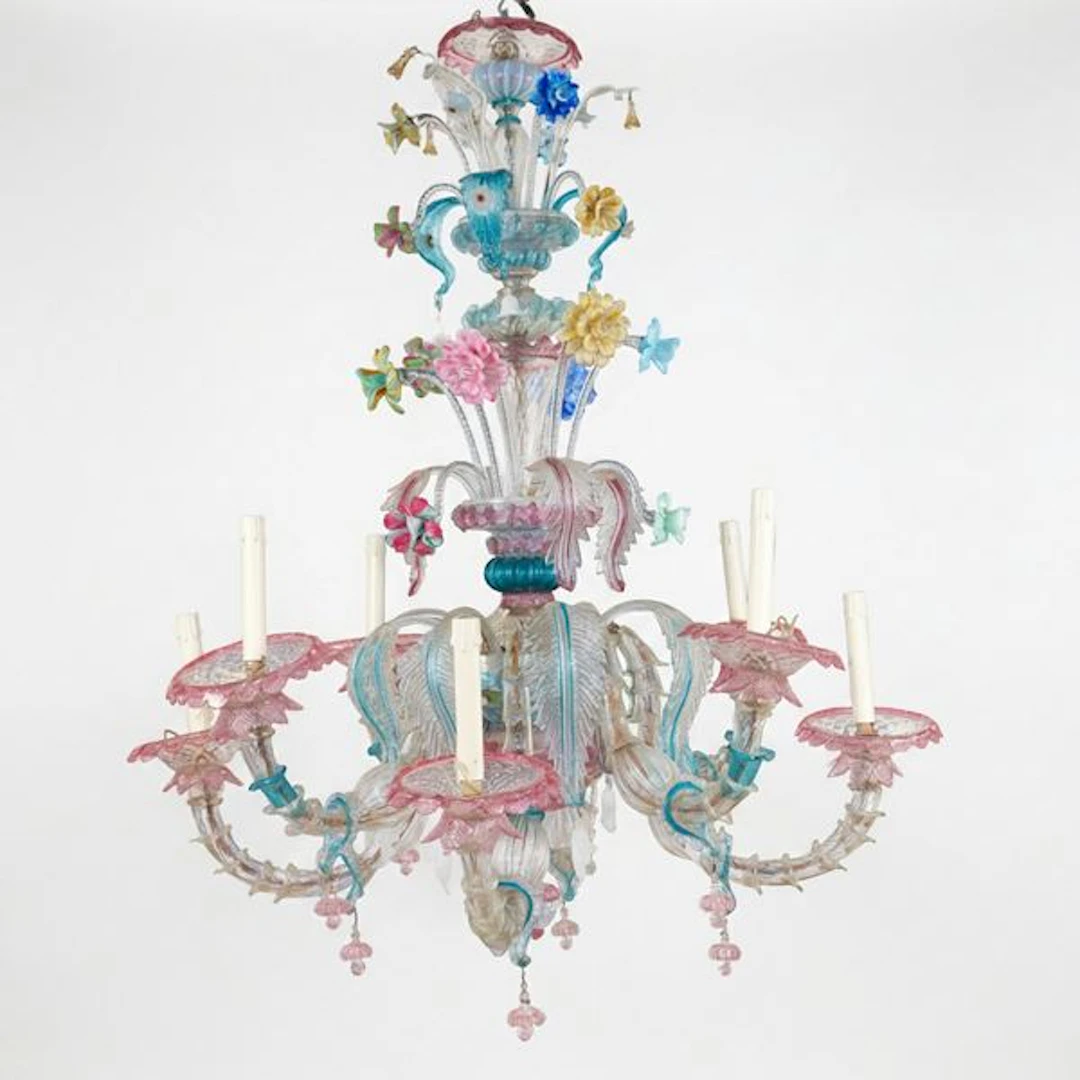 Lampadario in vetro di Murano policromo a 8 luci