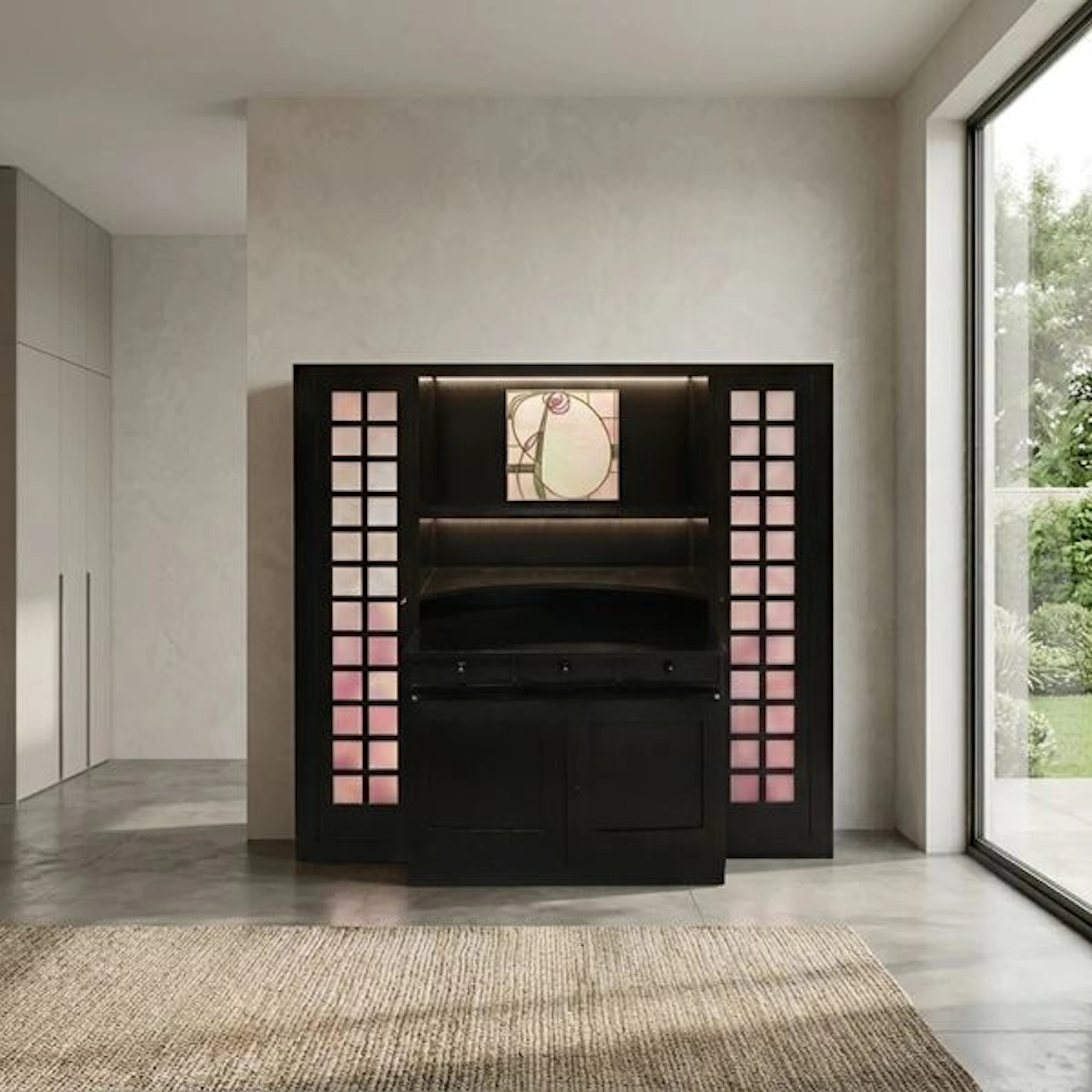 Credenza in frassino nero con vetro piombato con decoro floreale centrale