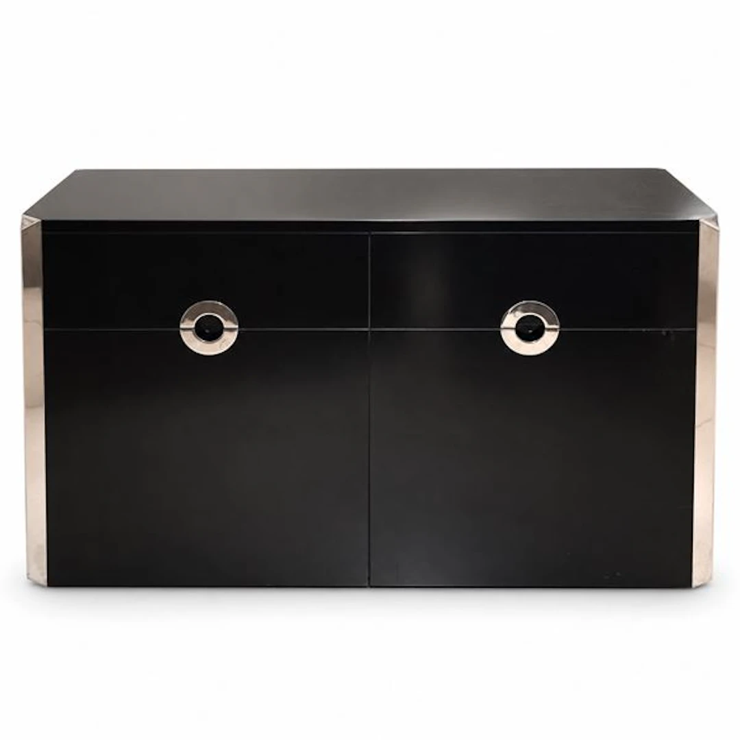 Credenza modello Alveo in lacca nera e dettagli cromati, Anni 70 -