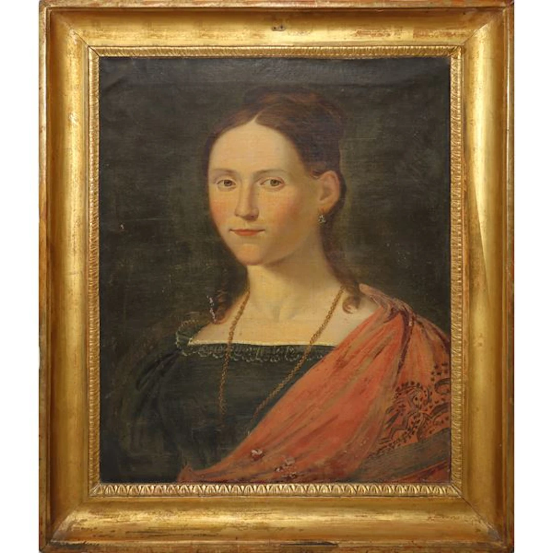 Ritratto di donna in cornice a mezzacanna dorata coeva, XIX secolo