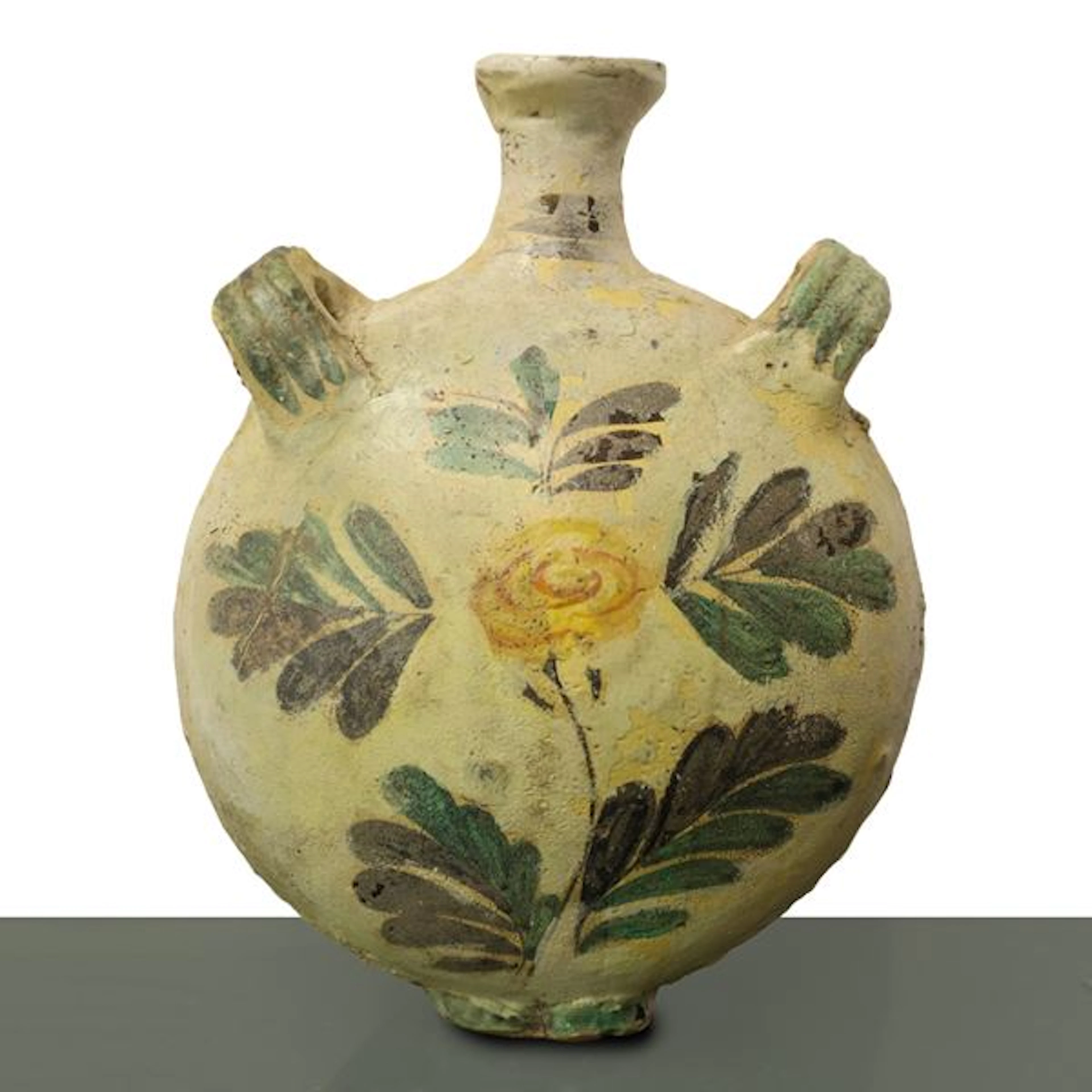 Borraccia in maiolica di Caltagirone con fiore policromo al fronte, XX secolo