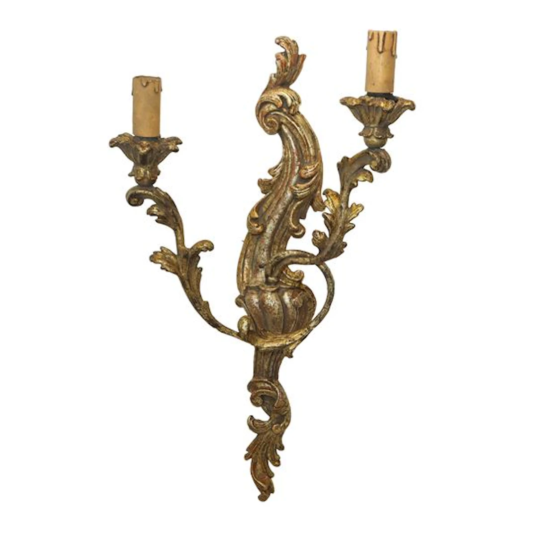 Applique a due luci in legno dorato, XIX sec.