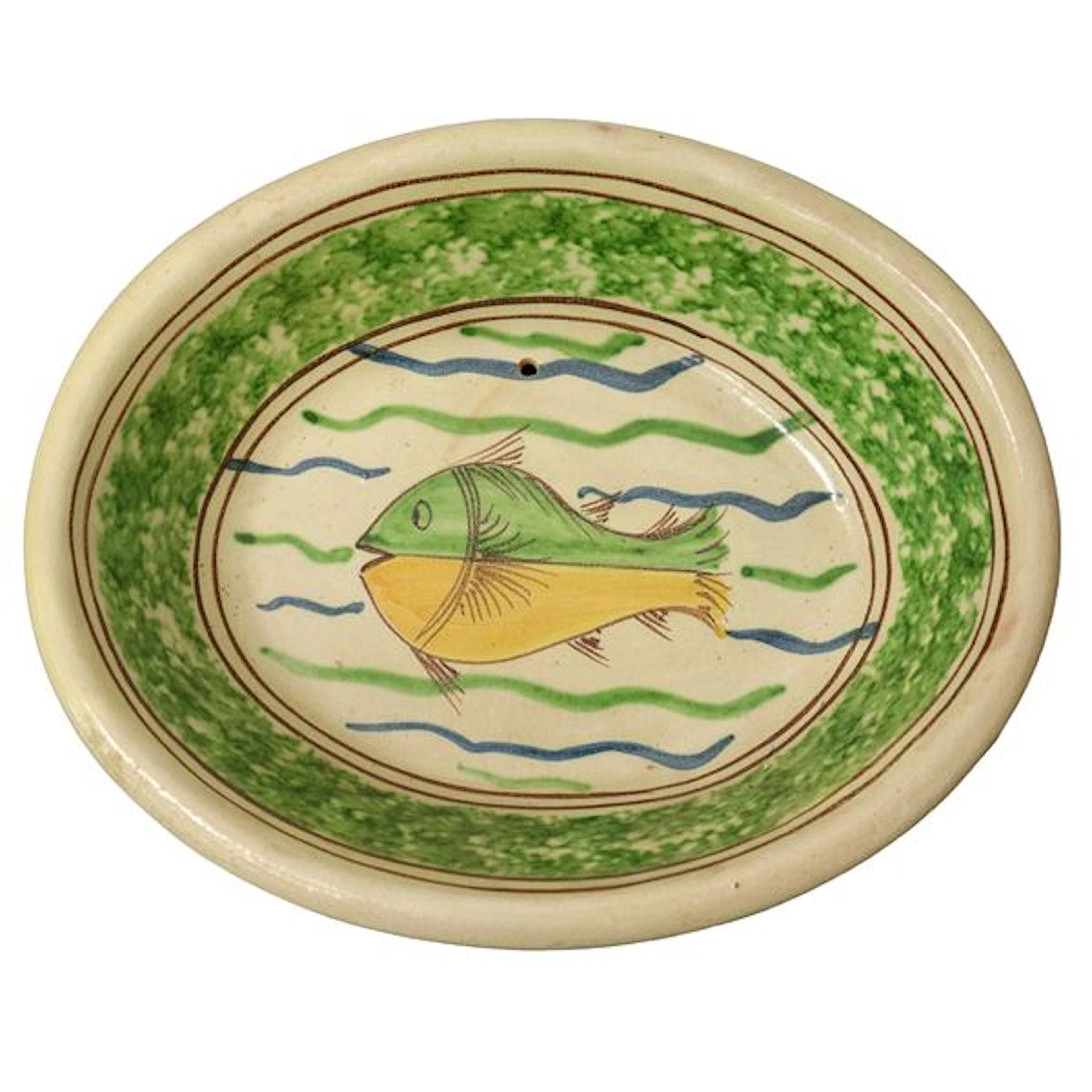 Terrina in maiolica di Caltagirone con pesce dipinto al centro e decoro