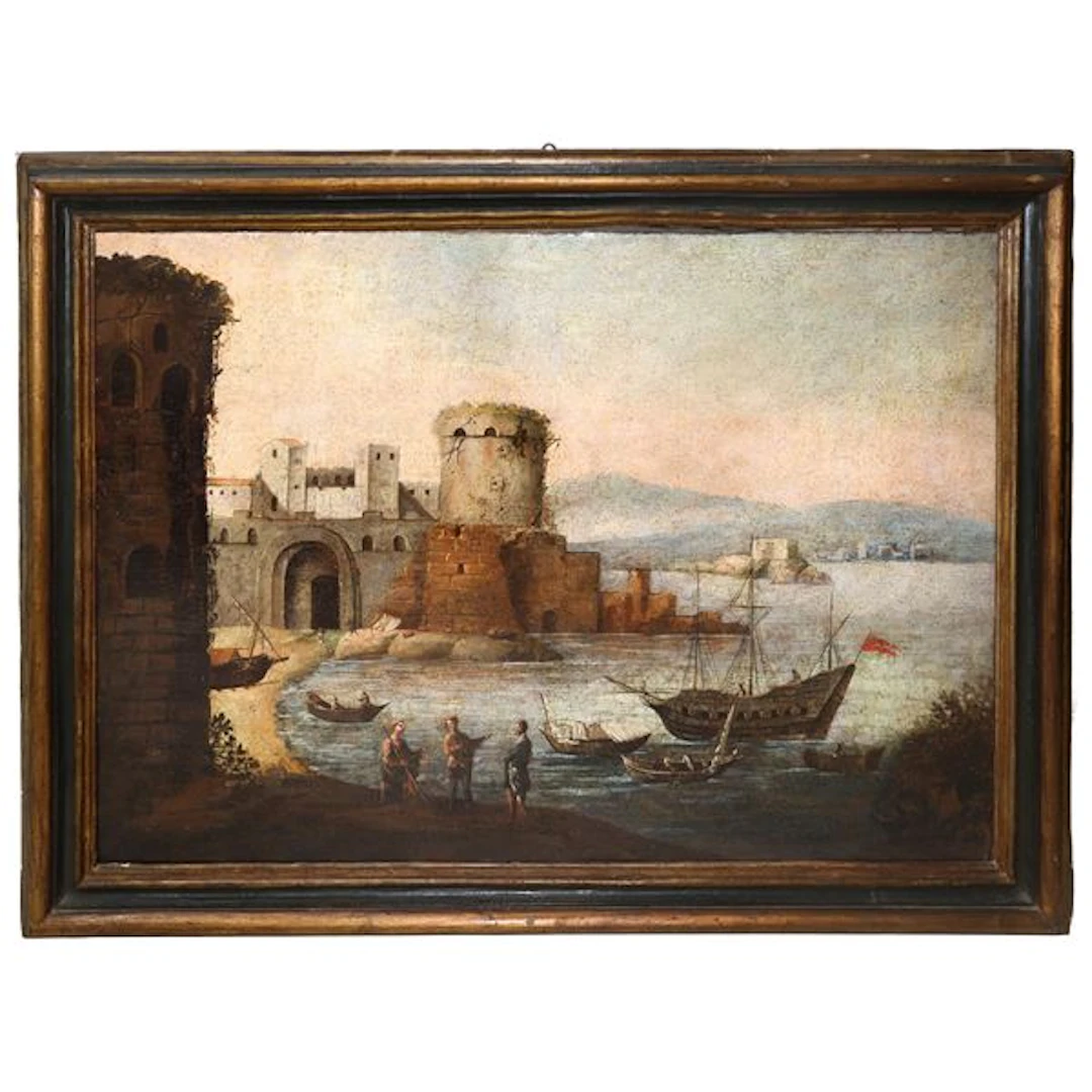 Paesaggio portuale con fortificazione e torre, XVII secolo