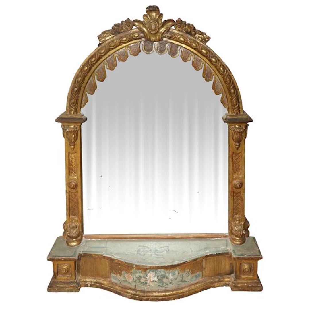 Specchiera con cornice in legno dorato su base dipinta, XVIII secolo